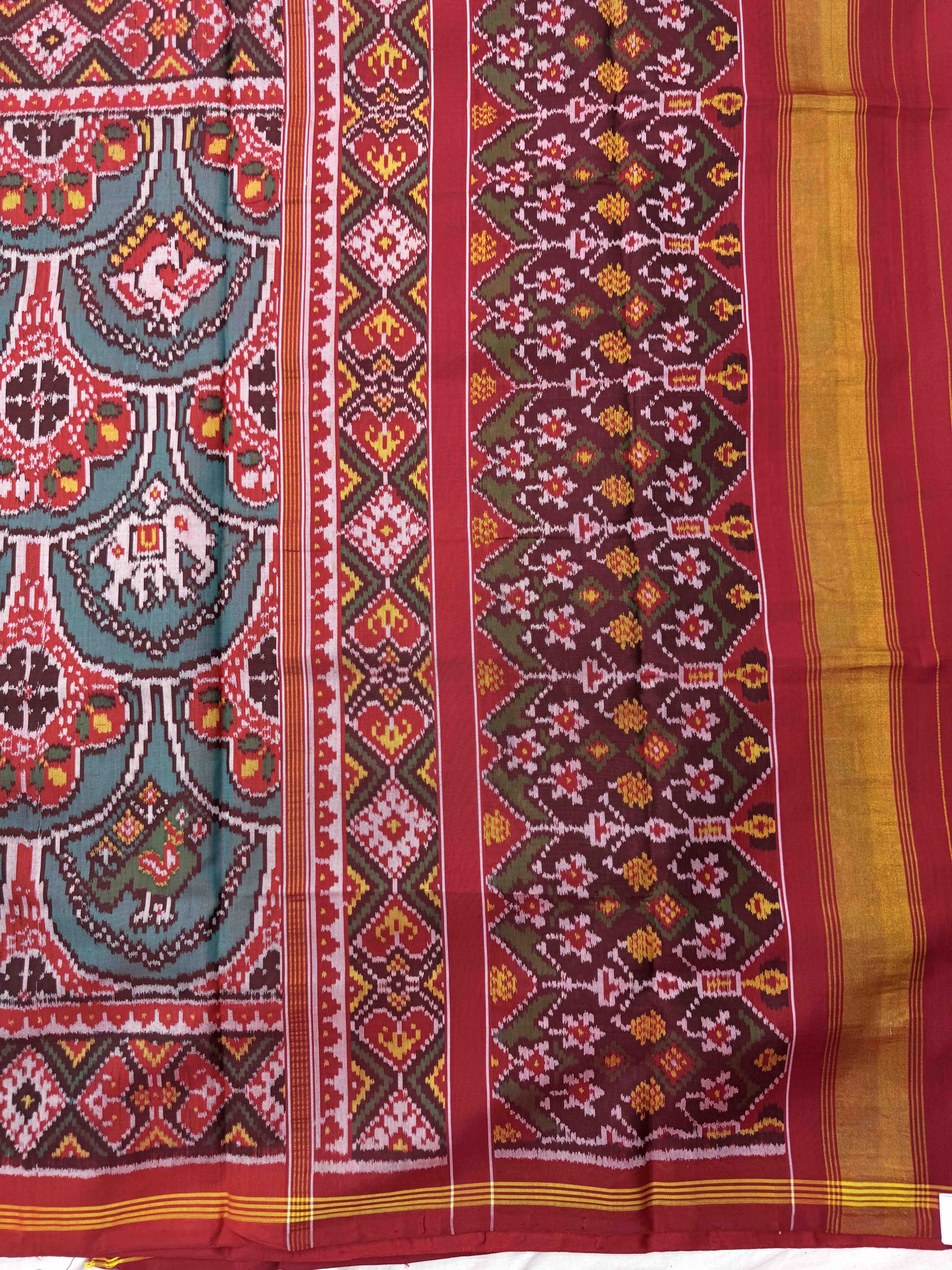 Red & Turquoise Fancy Narikunj Single Ikat Patan Patola Saree