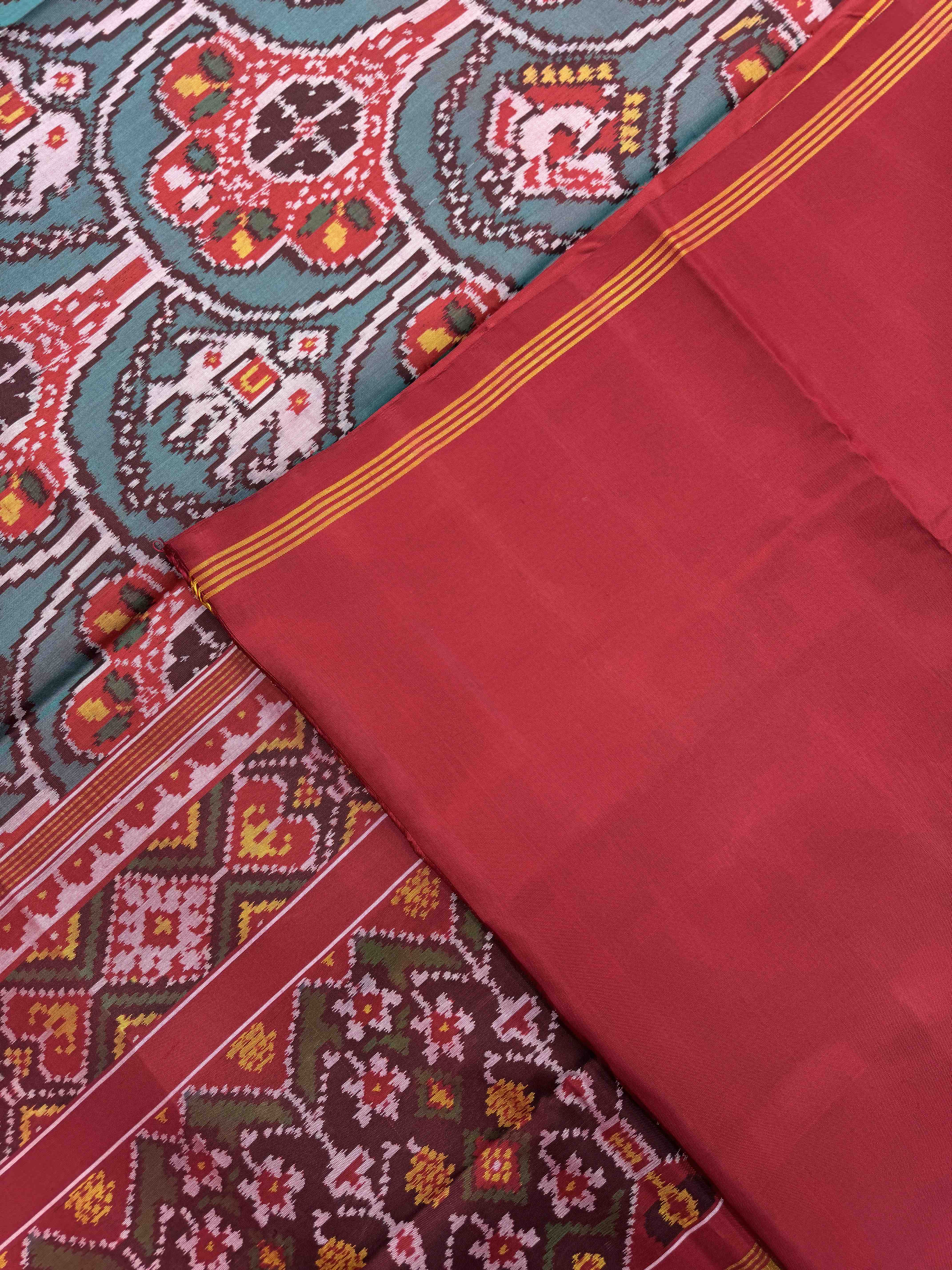 Red & Turquoise Fancy Narikunj Single Ikat Patan Patola Saree