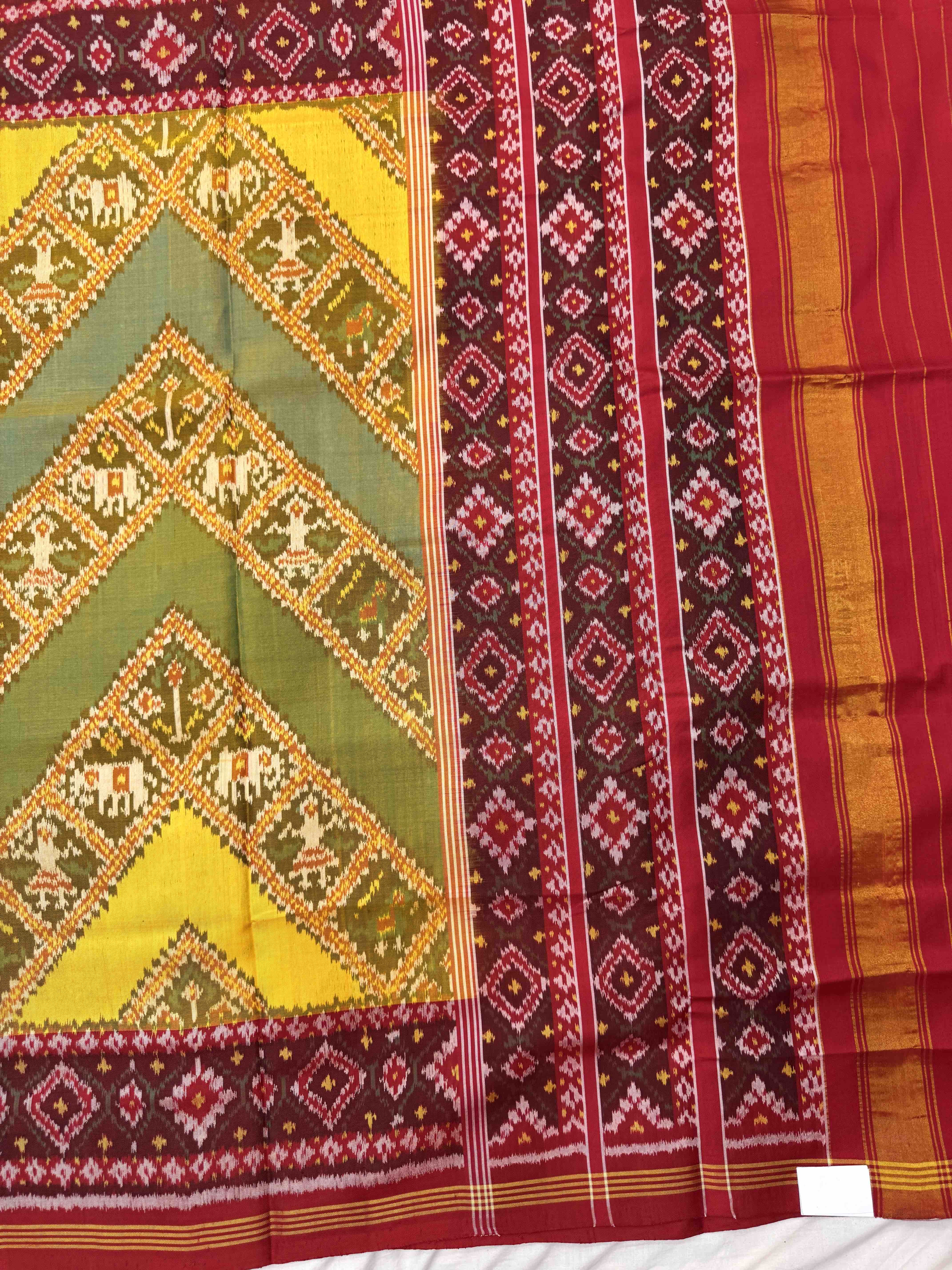 Red & Yellow Zig Zag Narikunj Leheriya Single Ikat Patan Patola Saree