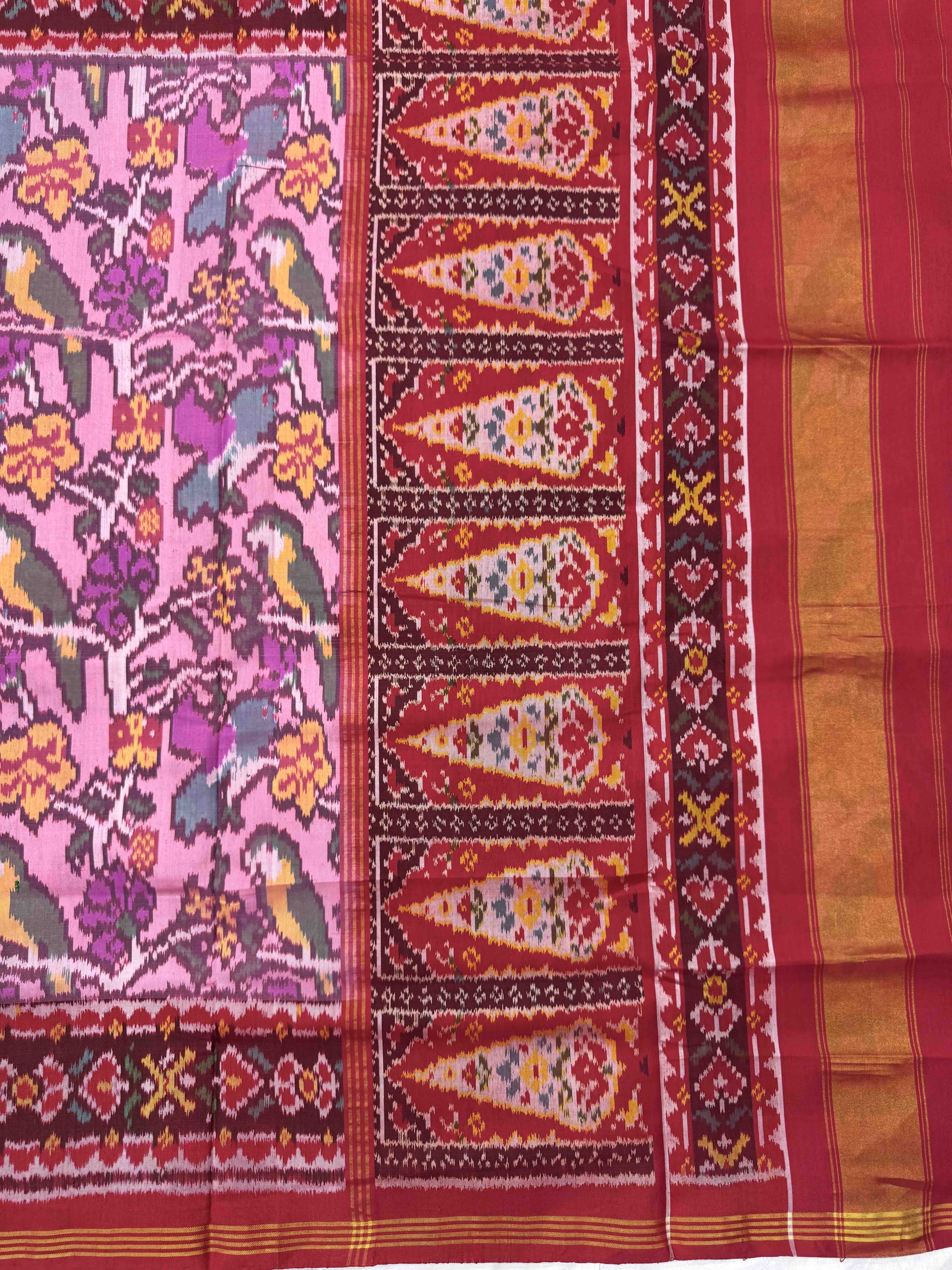 Red & Light Pink Fancy Parrot Flower Single Ikat Patan Patola Saree