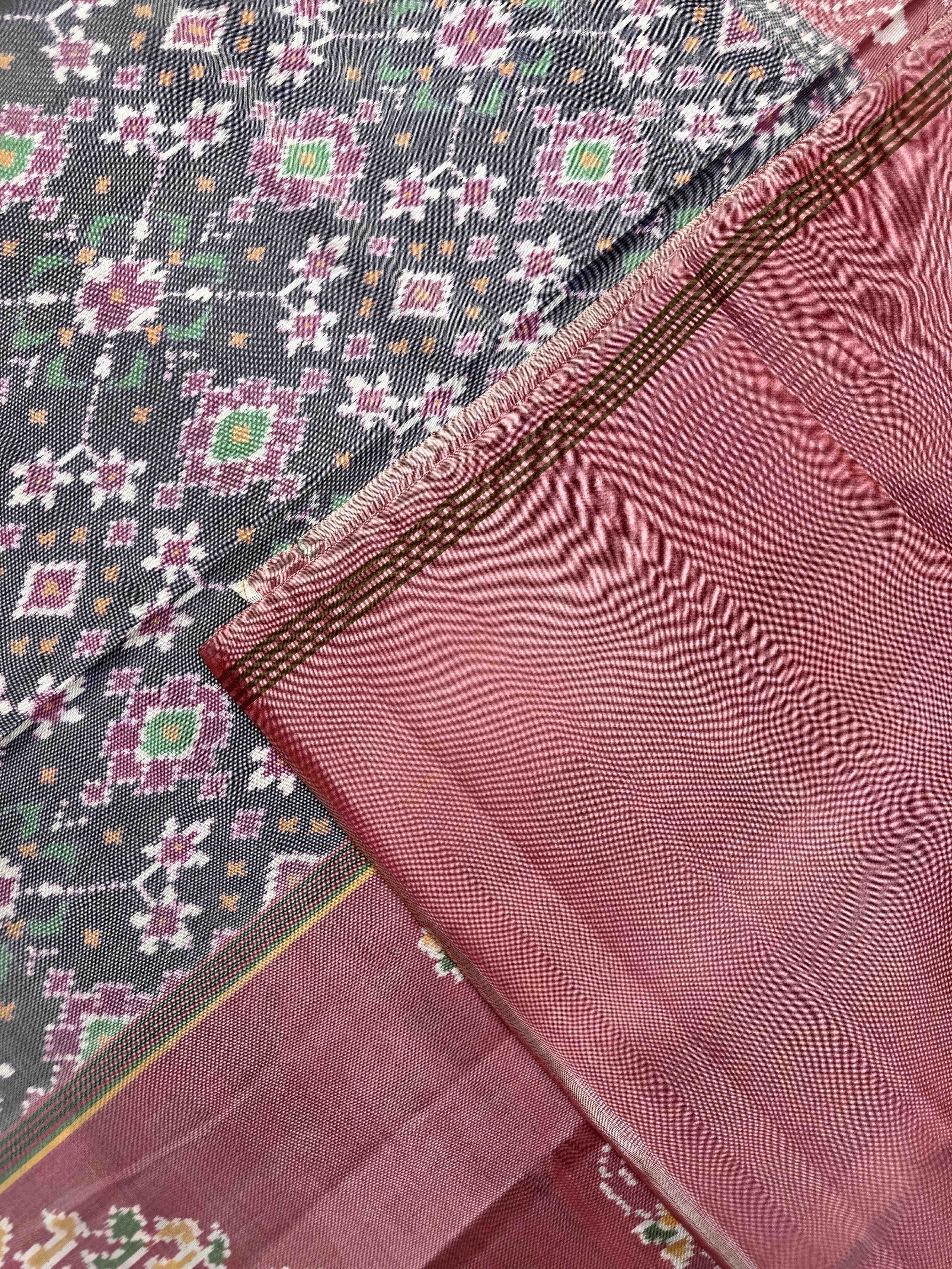 Rust Pink & Grey Navratan Single Ikat Patan Patola Saree