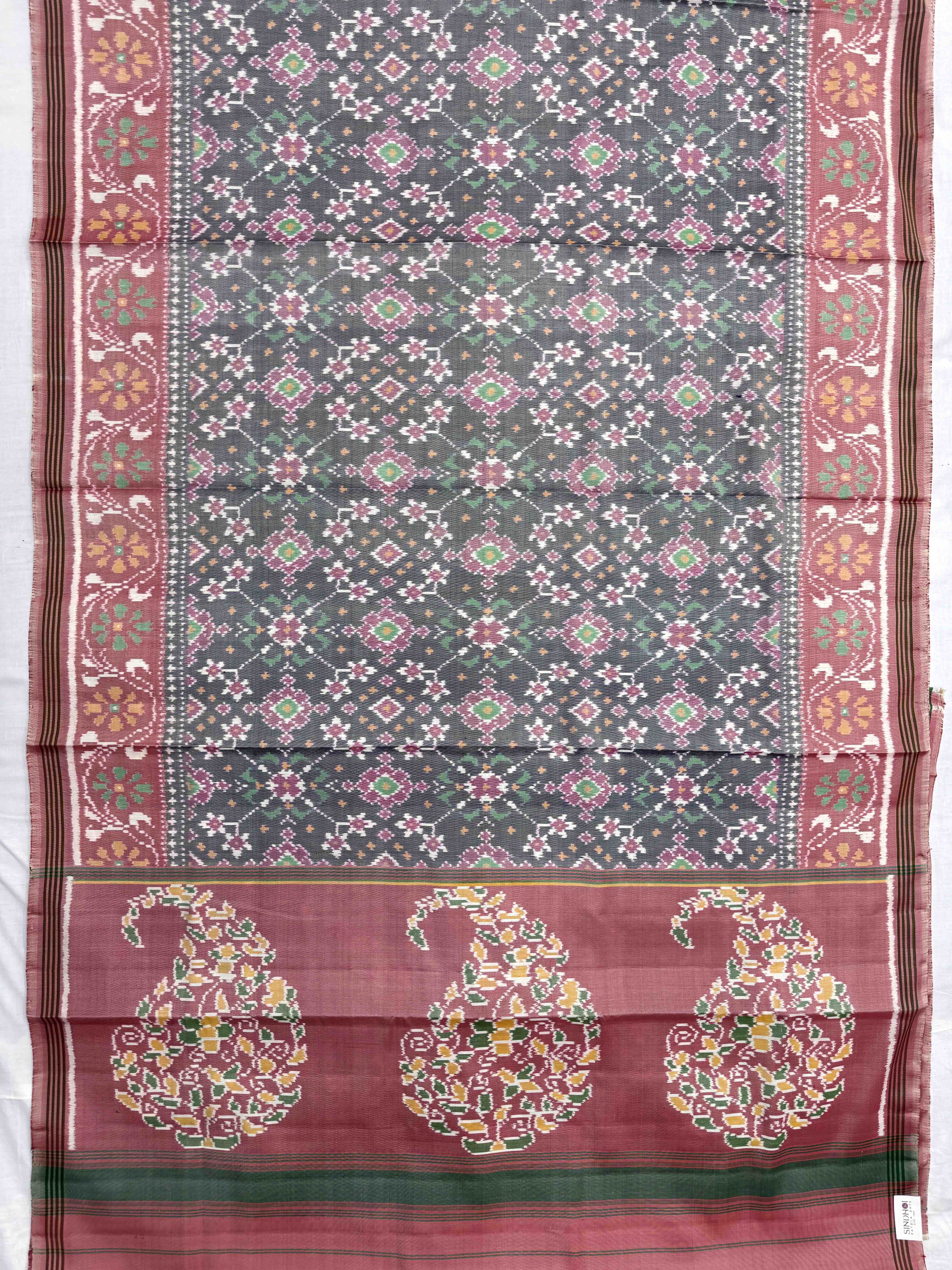 Rust Pink & Grey Navratan Single Ikat Patan Patola Saree