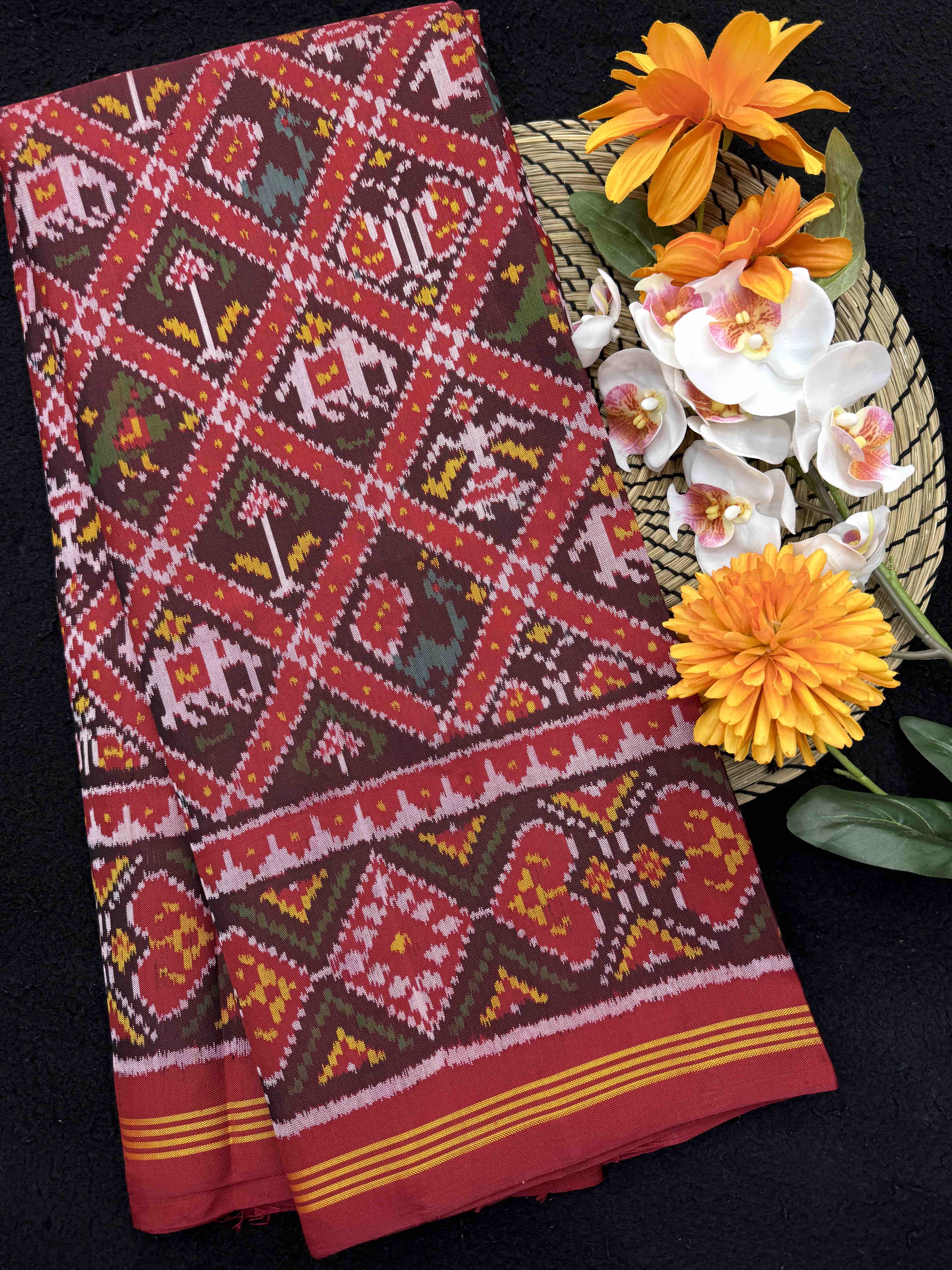 Red & Maroon Small Narikunj Single Ikat Patan Patola Saree