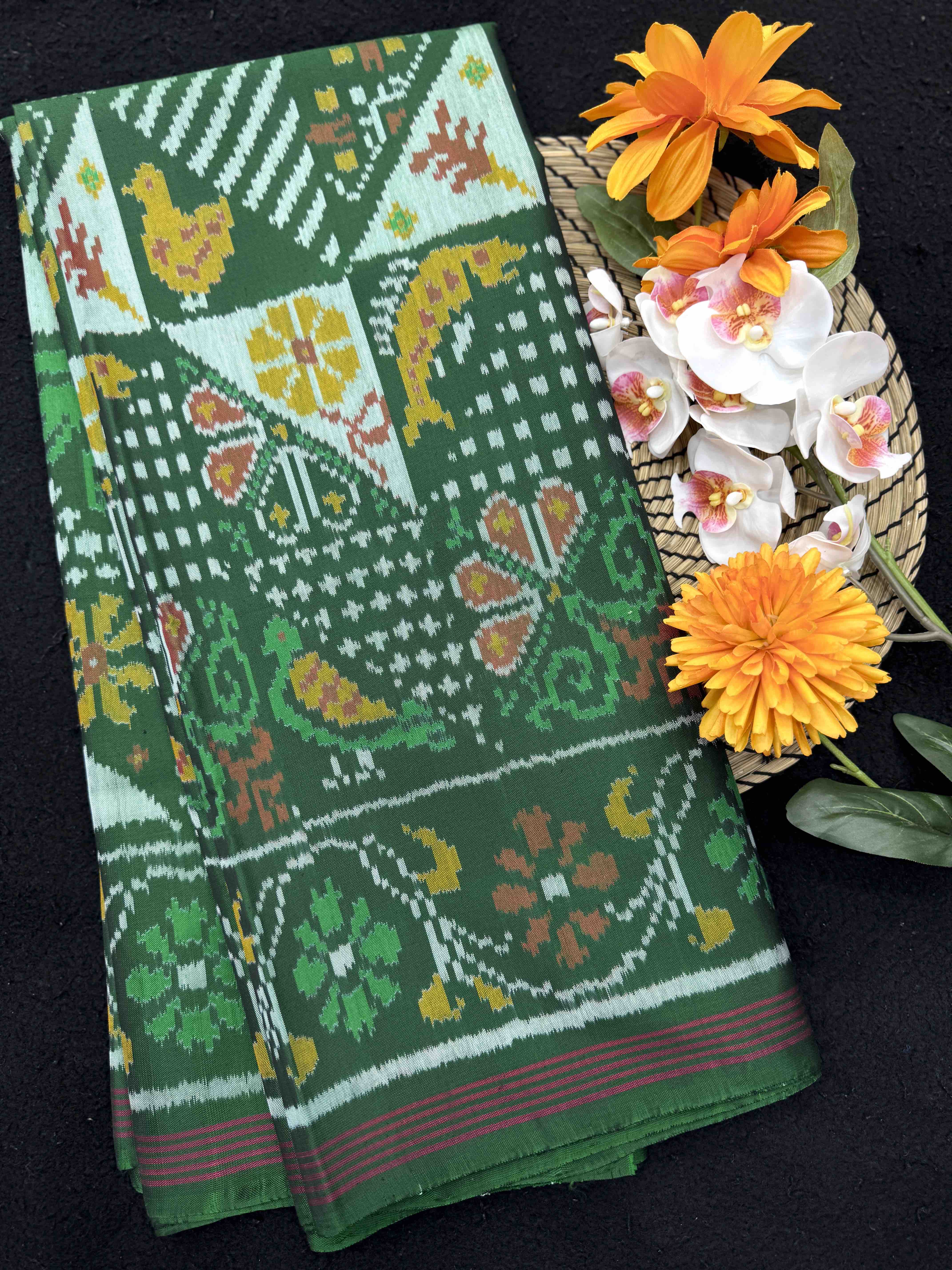 Green Small Narikunj Fancy Single Ikat Patan Patola Saree