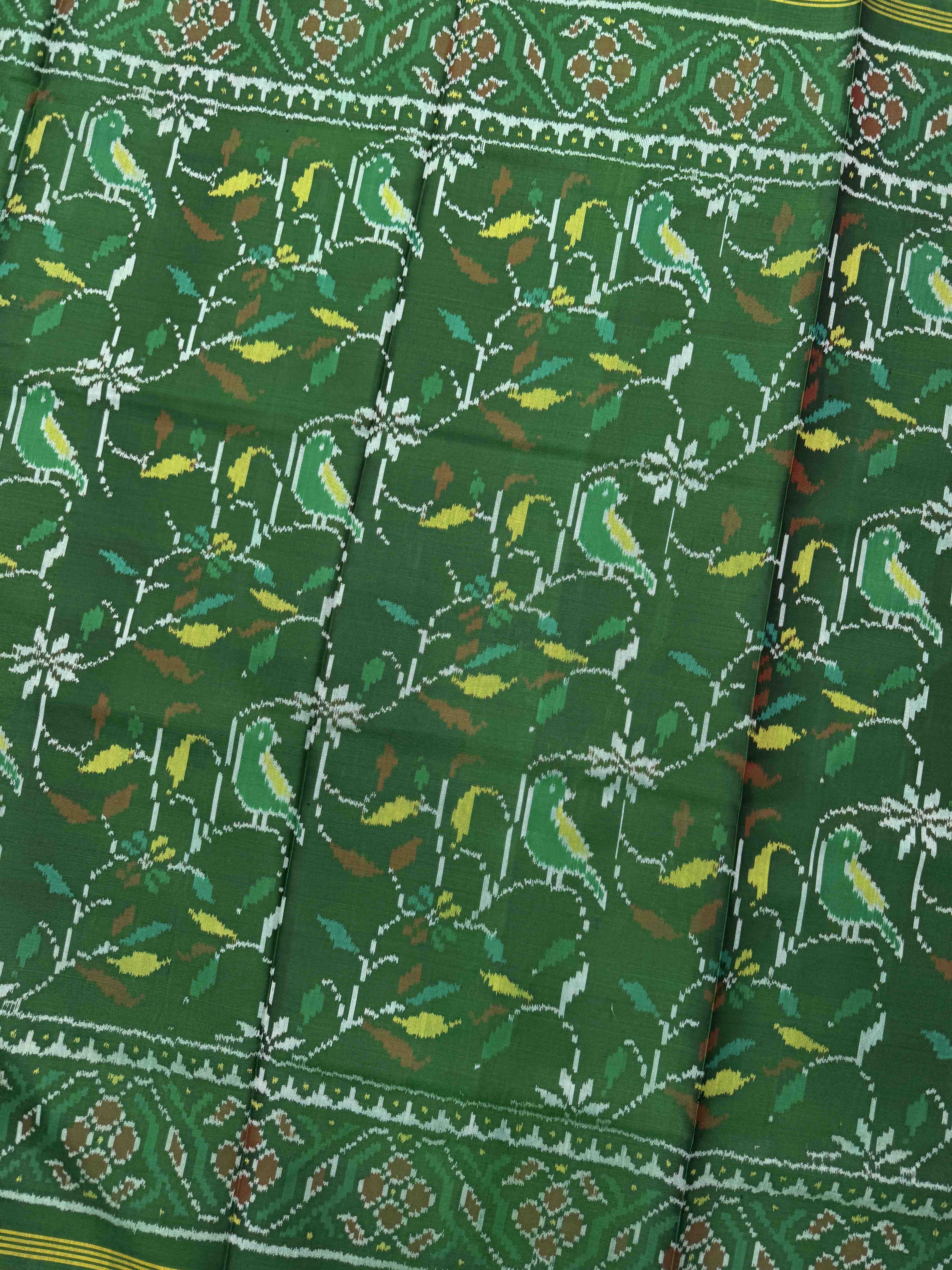Green Bird Flower Leaves Single Ikat Patan Patola Saree