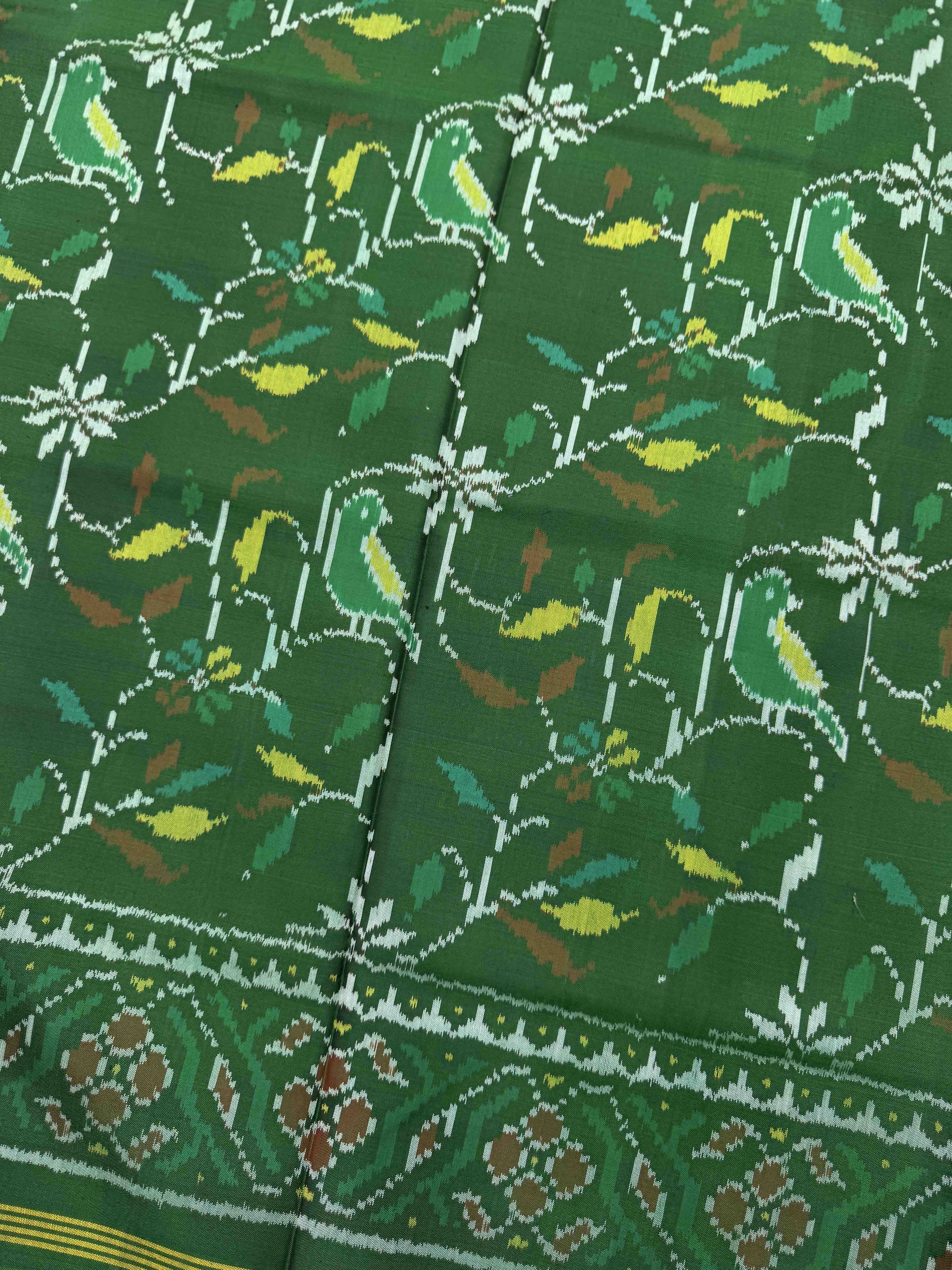Green Bird Flower Leaves Single Ikat Patan Patola Saree