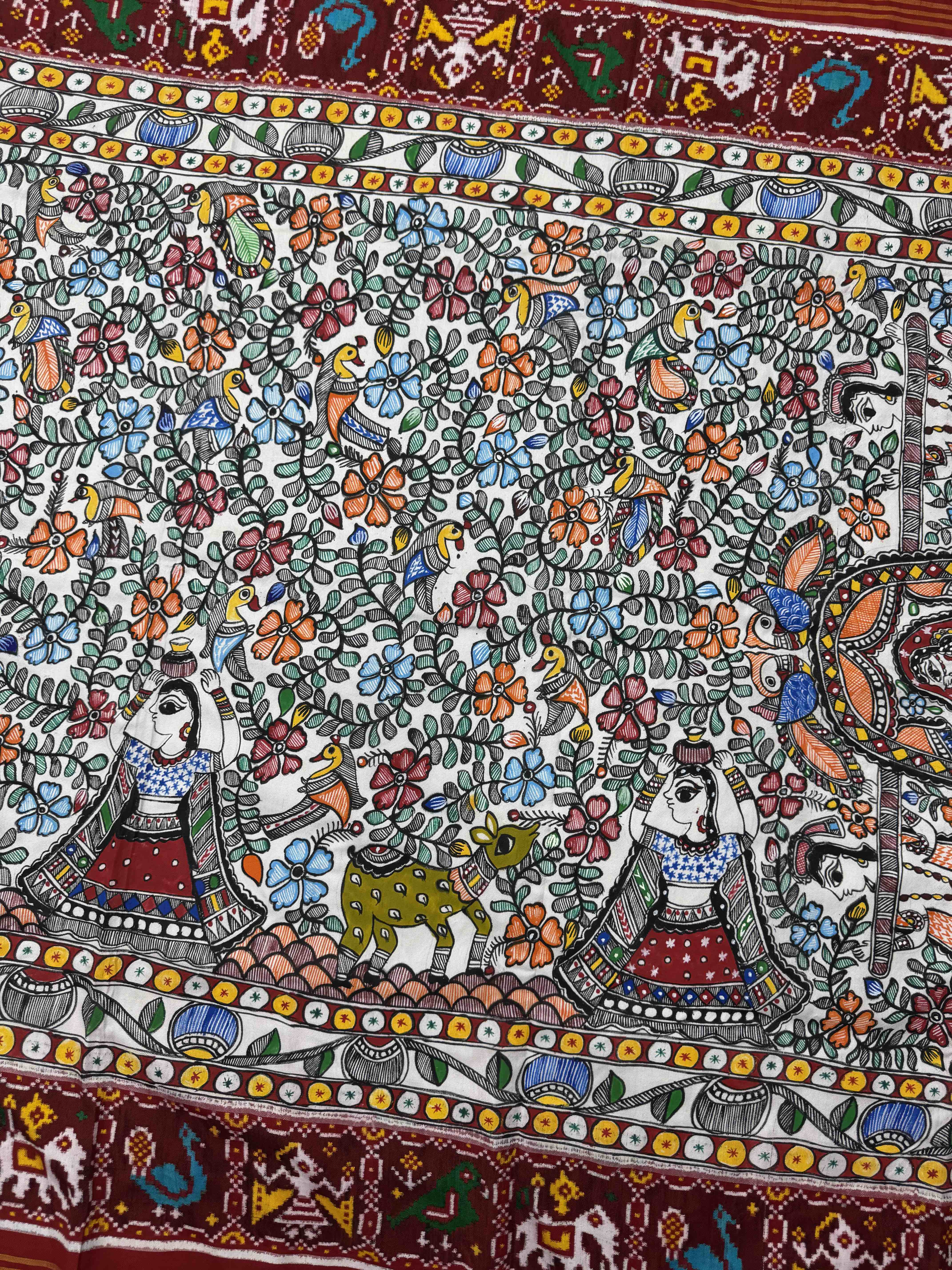 Red & White Madhubani Painting Double Ikat Patan Patola Saree