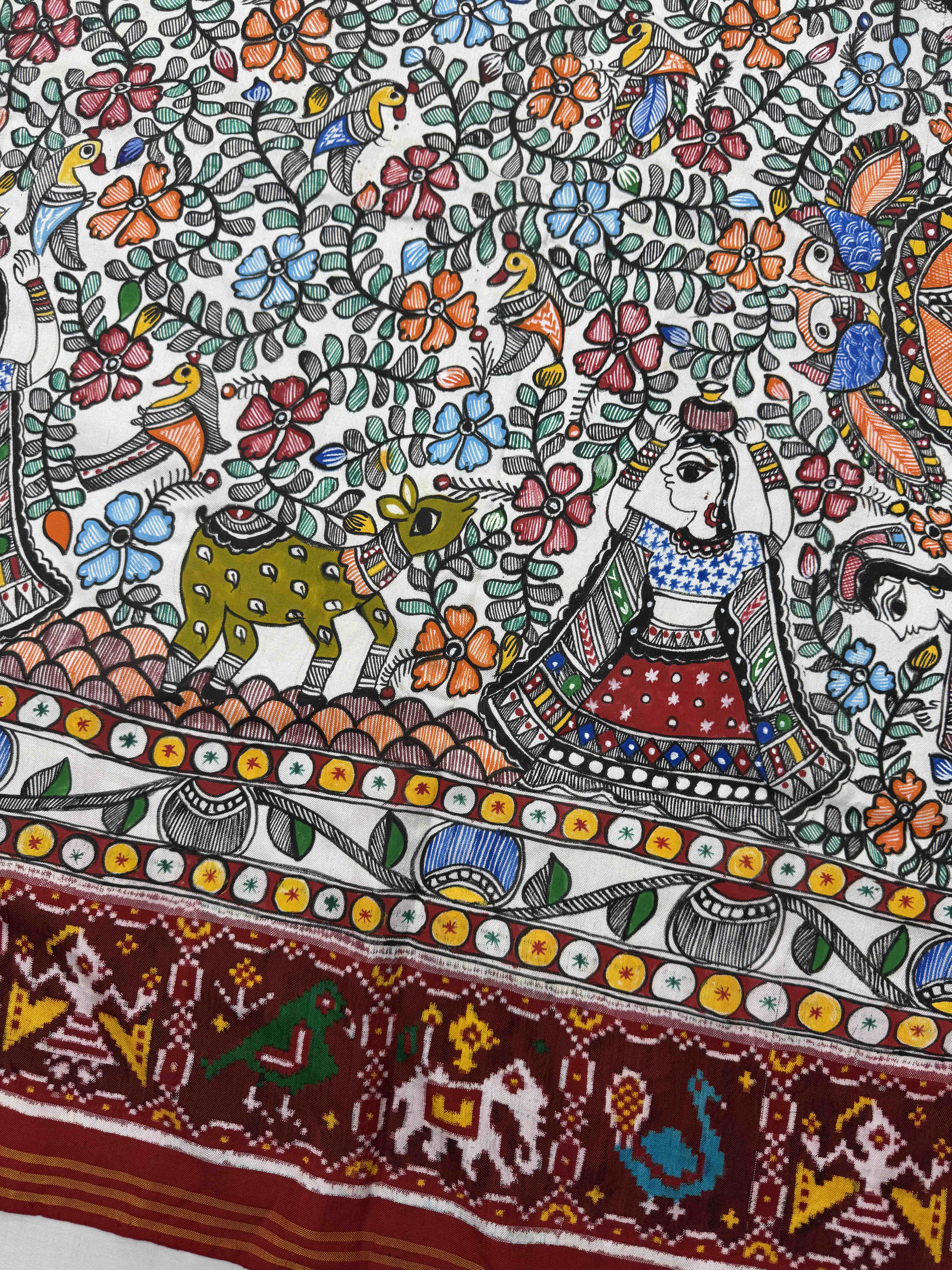 Red & White Madhubani Painting Double Ikat Patan Patola Saree