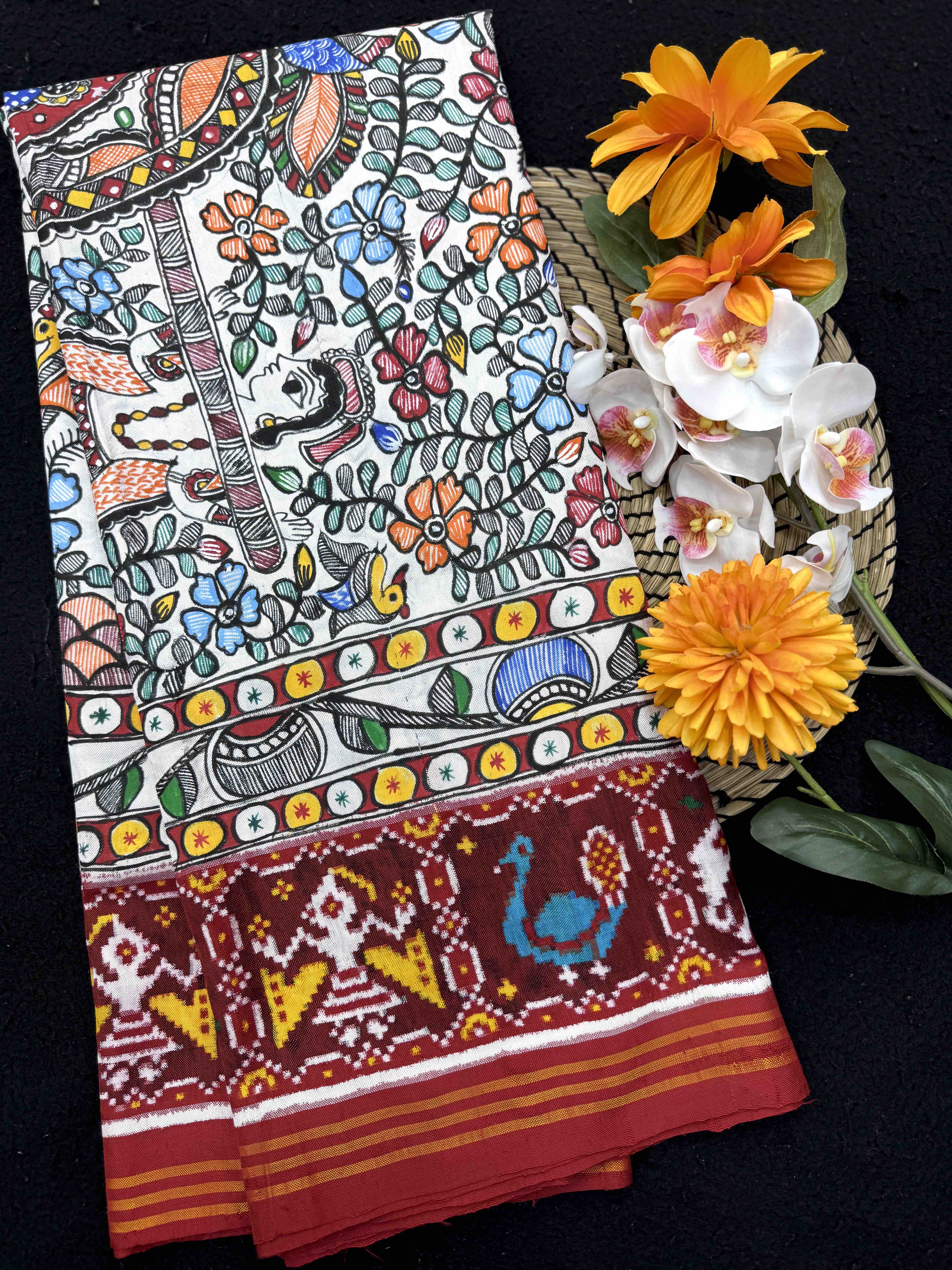 Red & White Madhubani Painting Double Ikat Patan Patola Saree