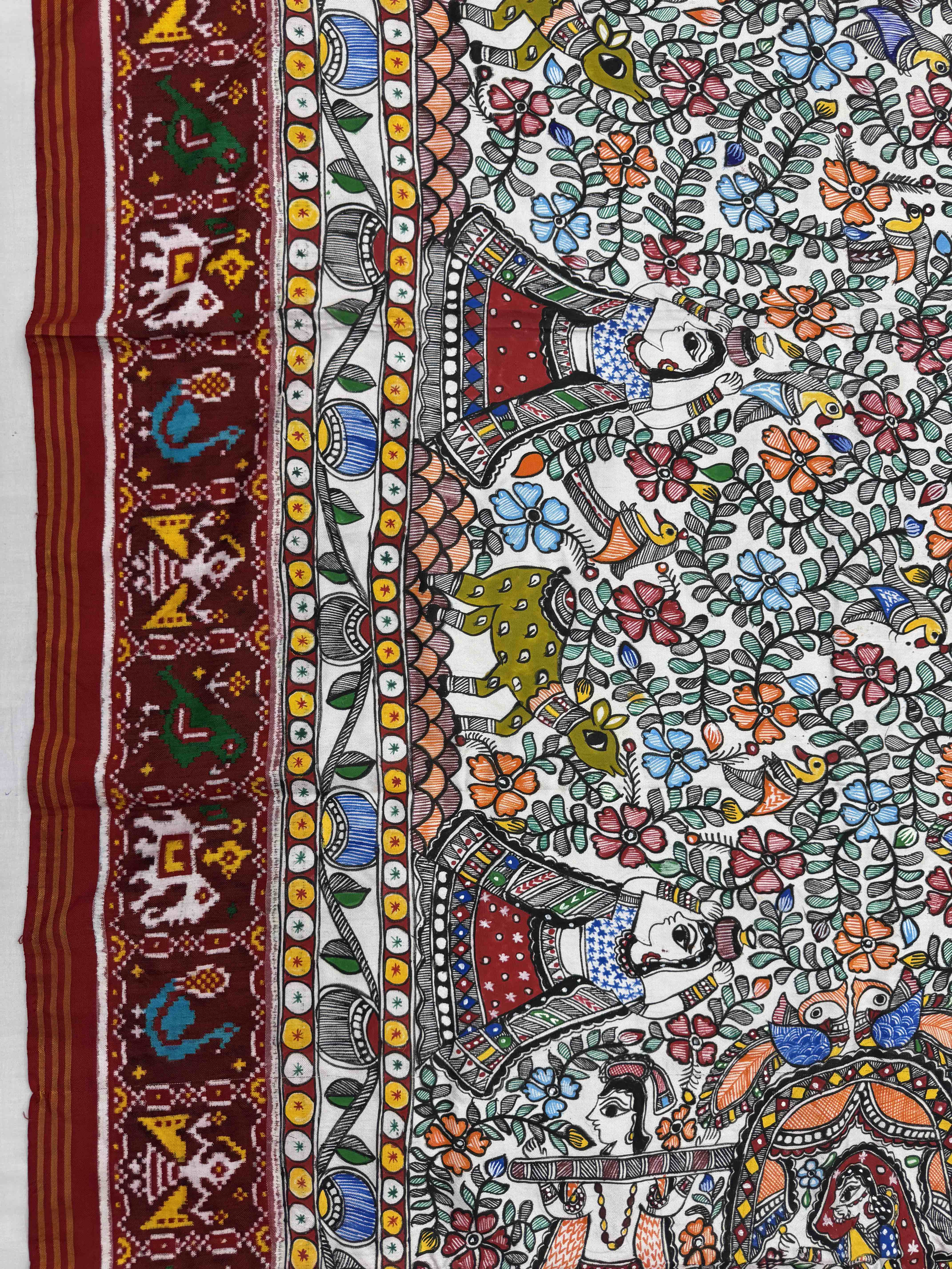 Red & White Madhubani Painting Double Ikat Patan Patola Saree