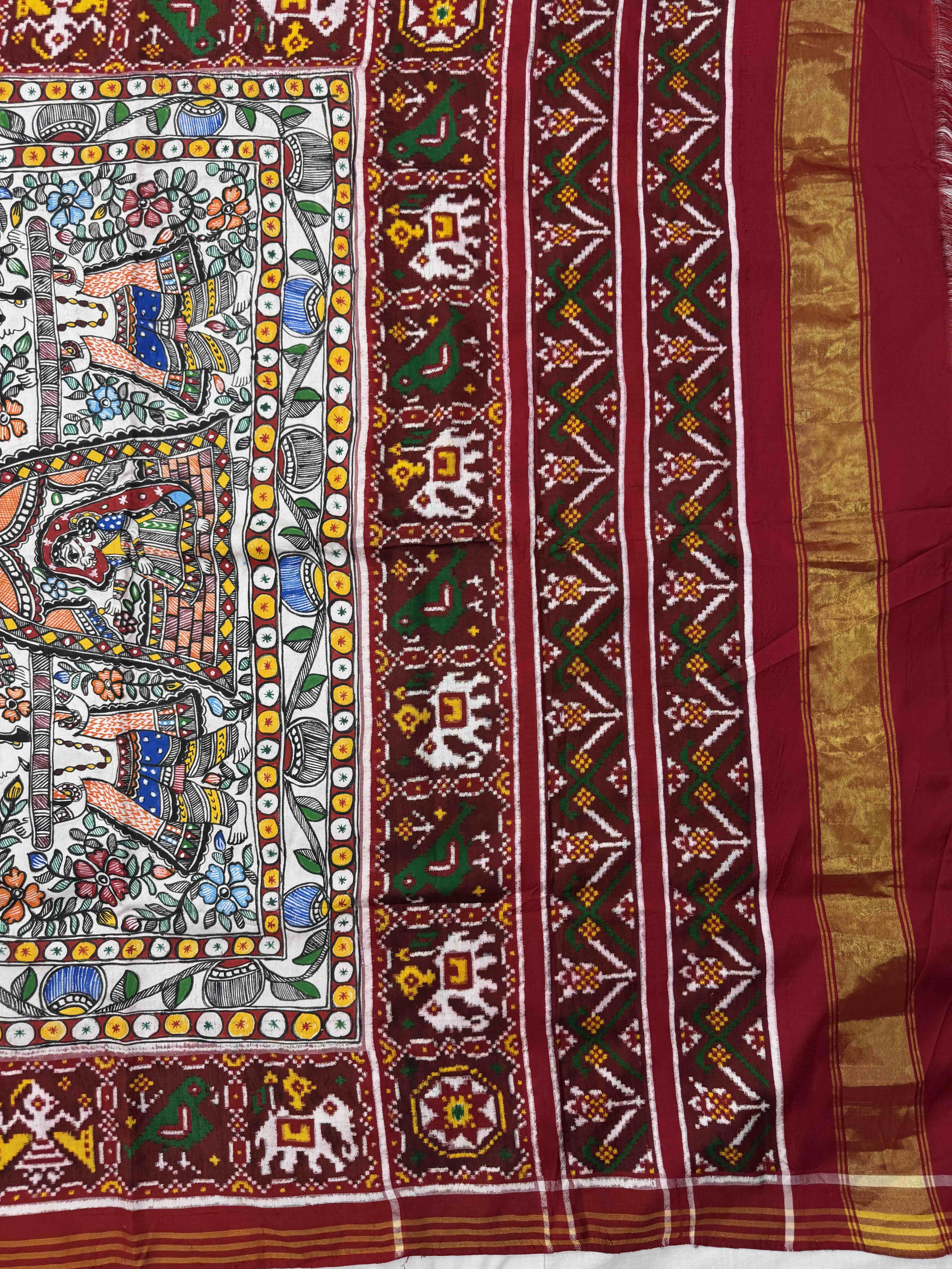 Red & White Madhubani Painting Double Ikat Patan Patola Saree