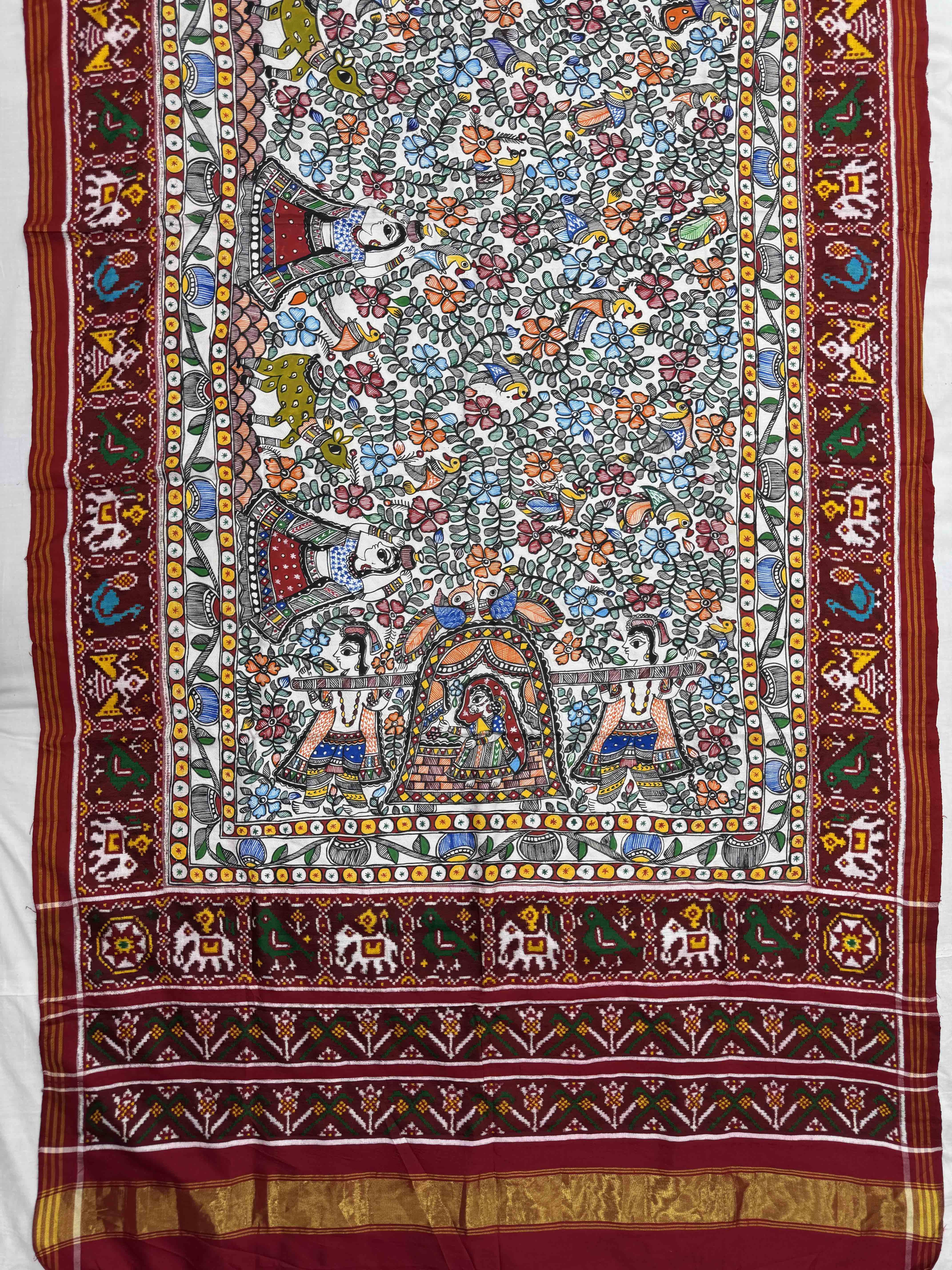 Red & White Madhubani Painting Double Ikat Patan Patola Saree