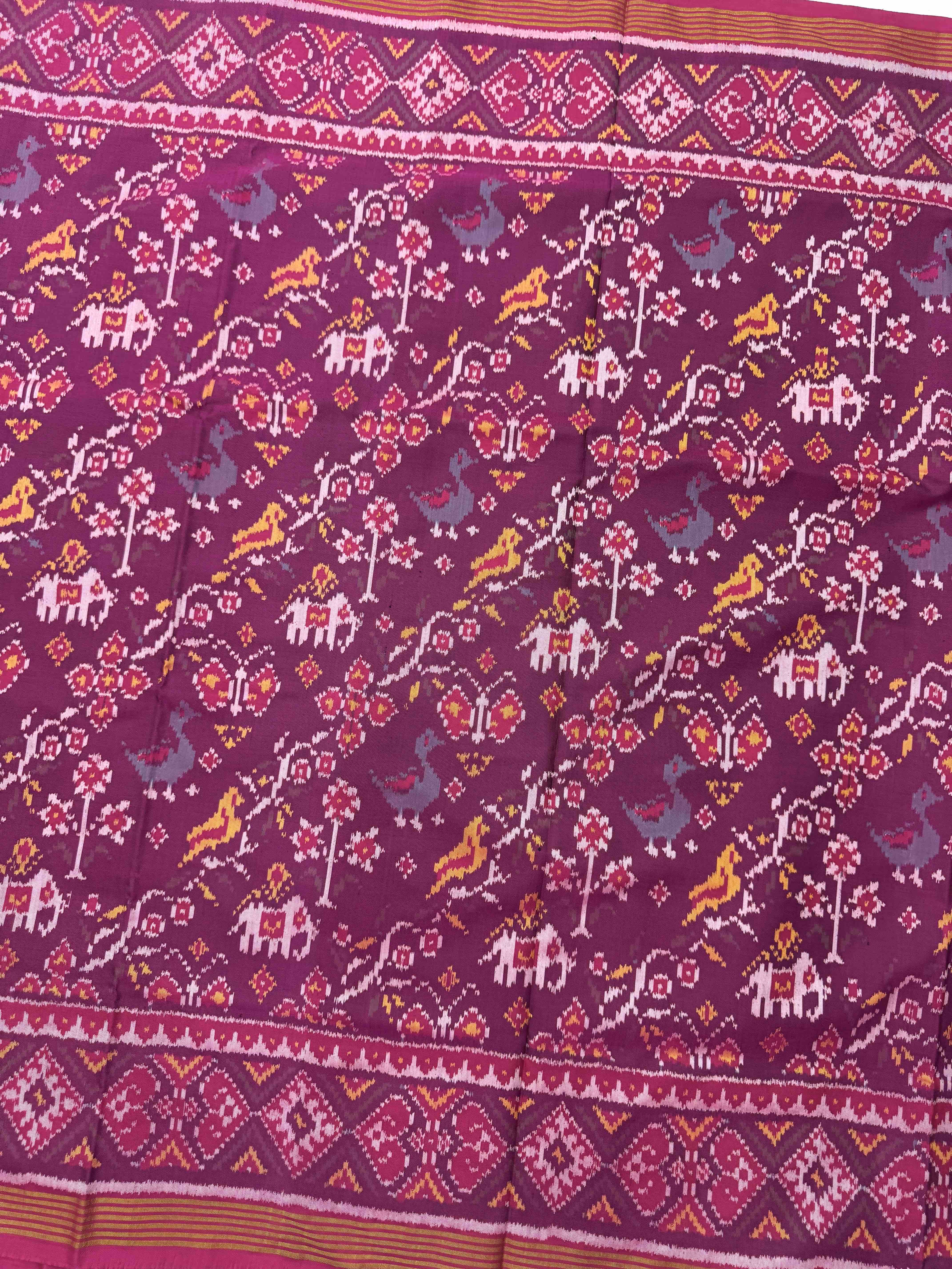 Pink & Wine Purple Narikunj Leaves Leheriya Single Ikat Patan Patola Saree