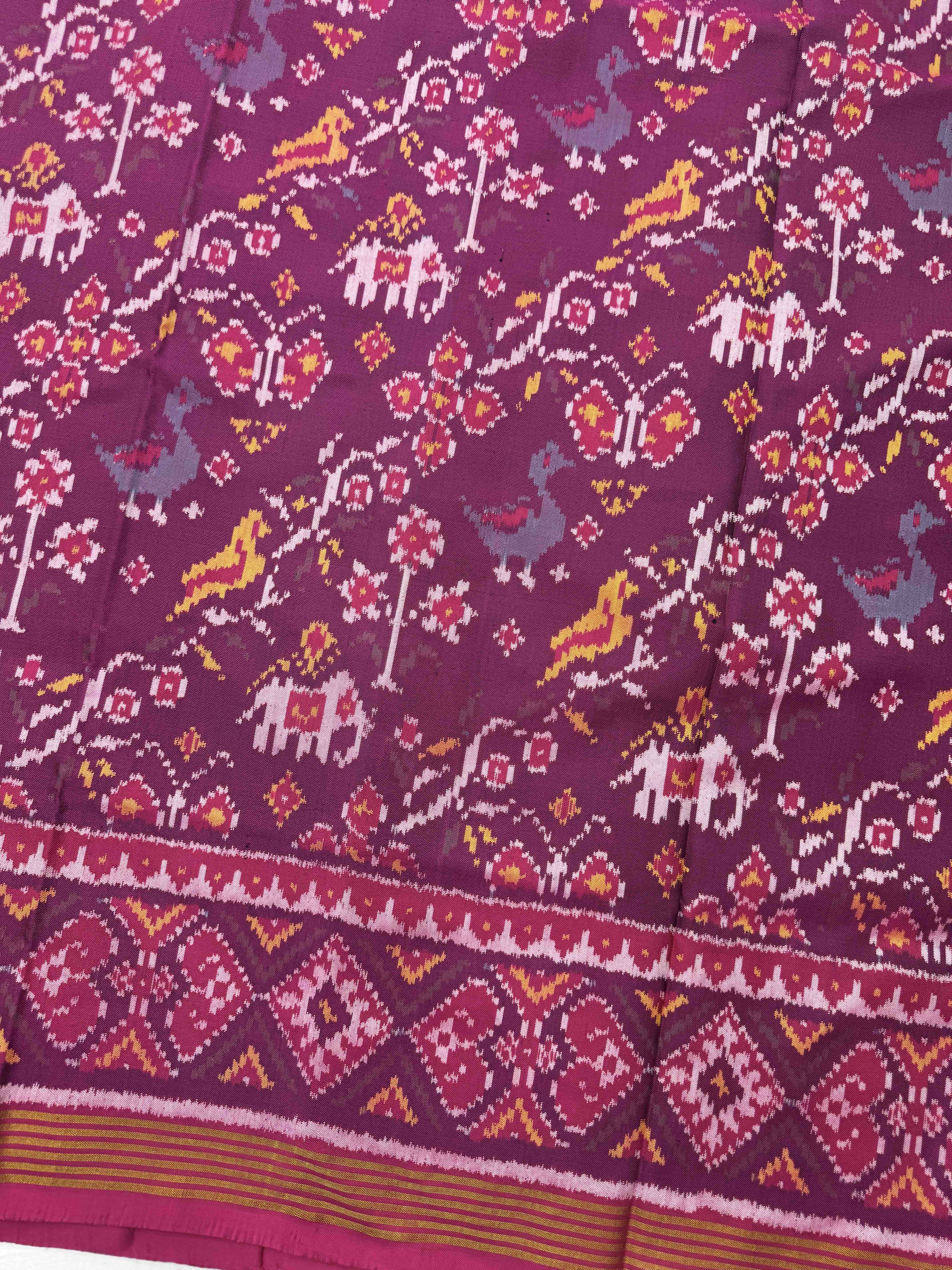 Pink & Wine Purple Narikunj Leaves Leheriya Single Ikat Patan Patola Saree