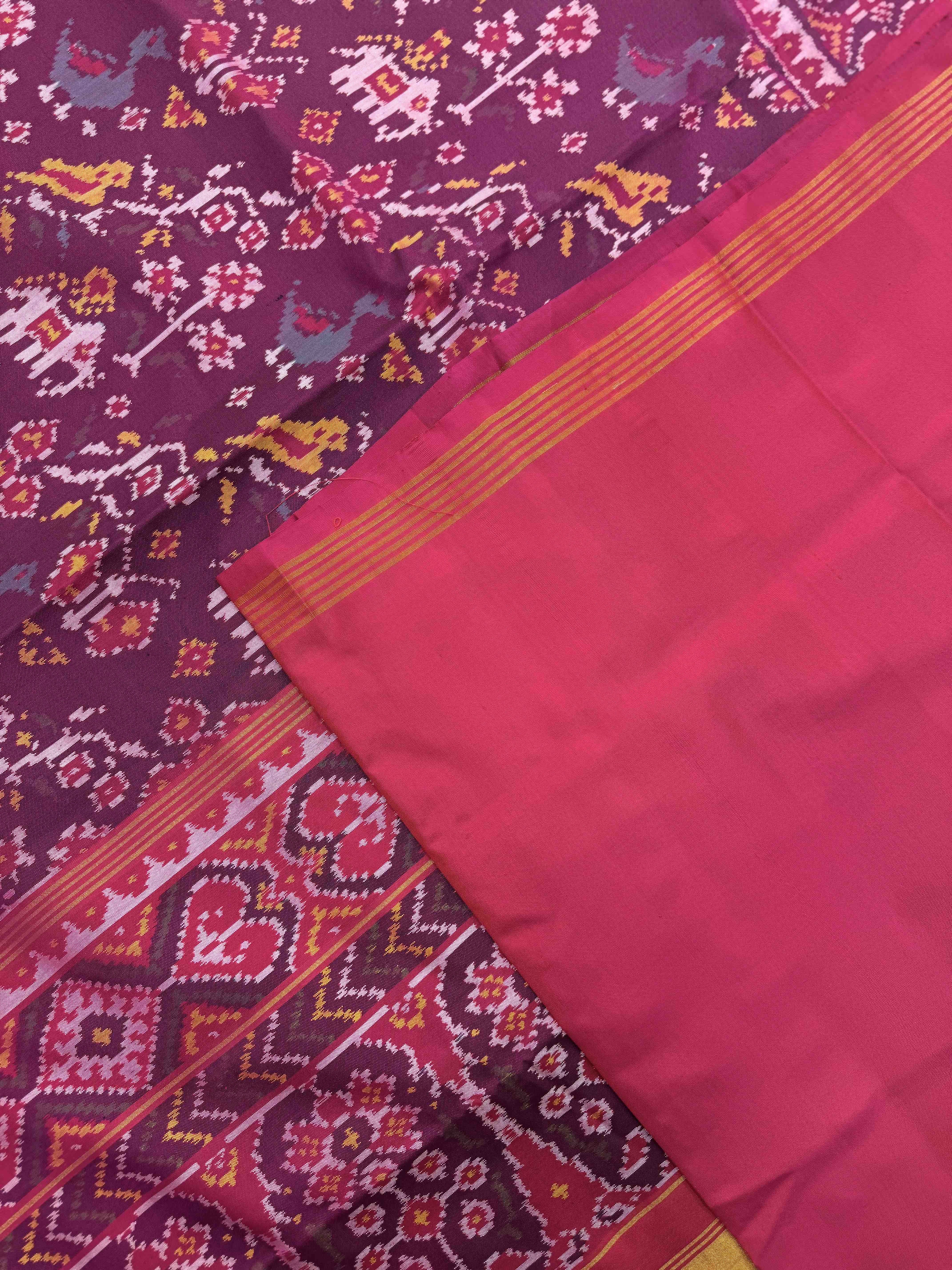 Pink & Wine Purple Narikunj Leaves Leheriya Single Ikat Patan Patola Saree
