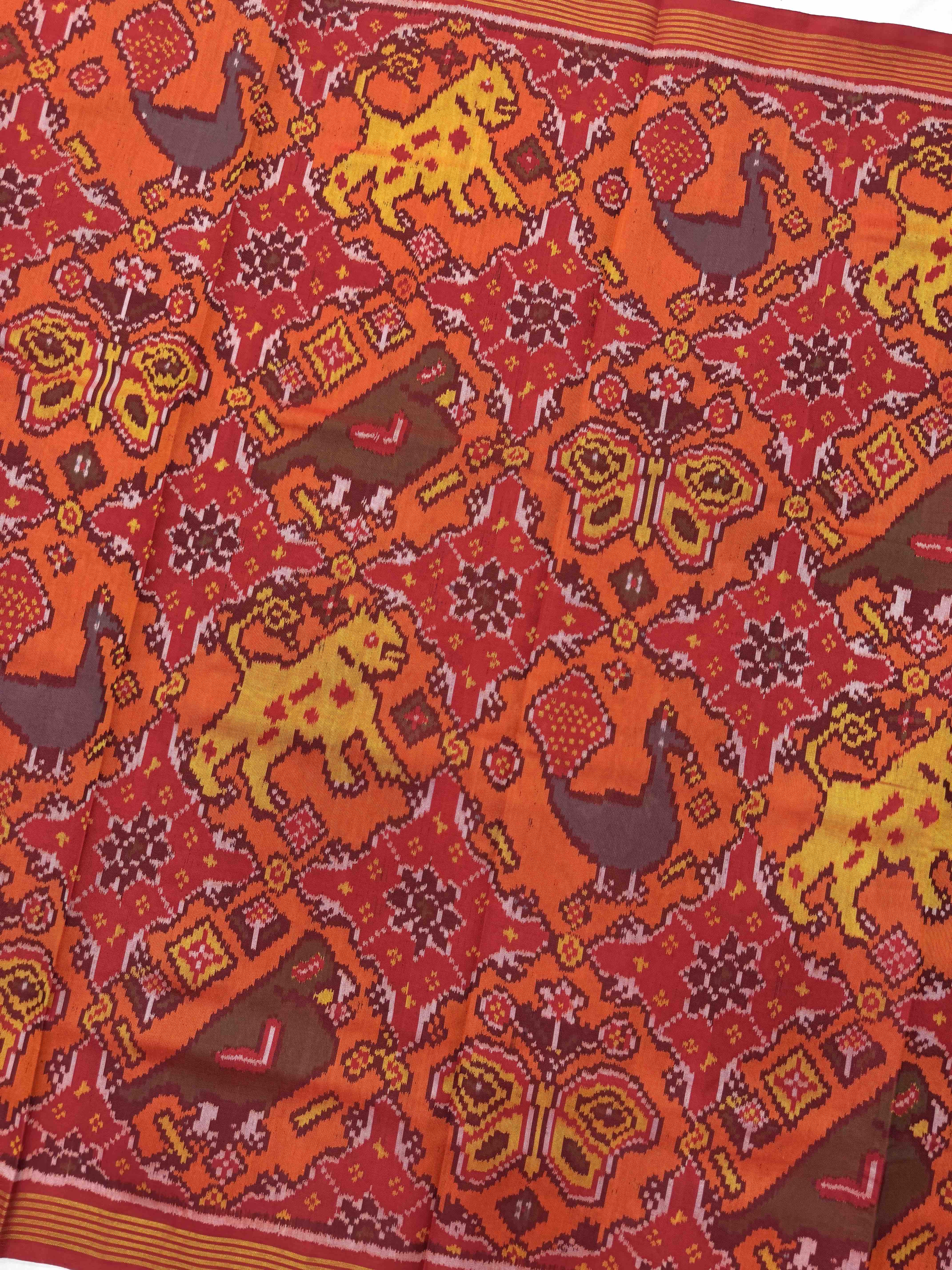 Red & Orange Narikunj Chhabdi Single Ikat Patan Patola Saree
