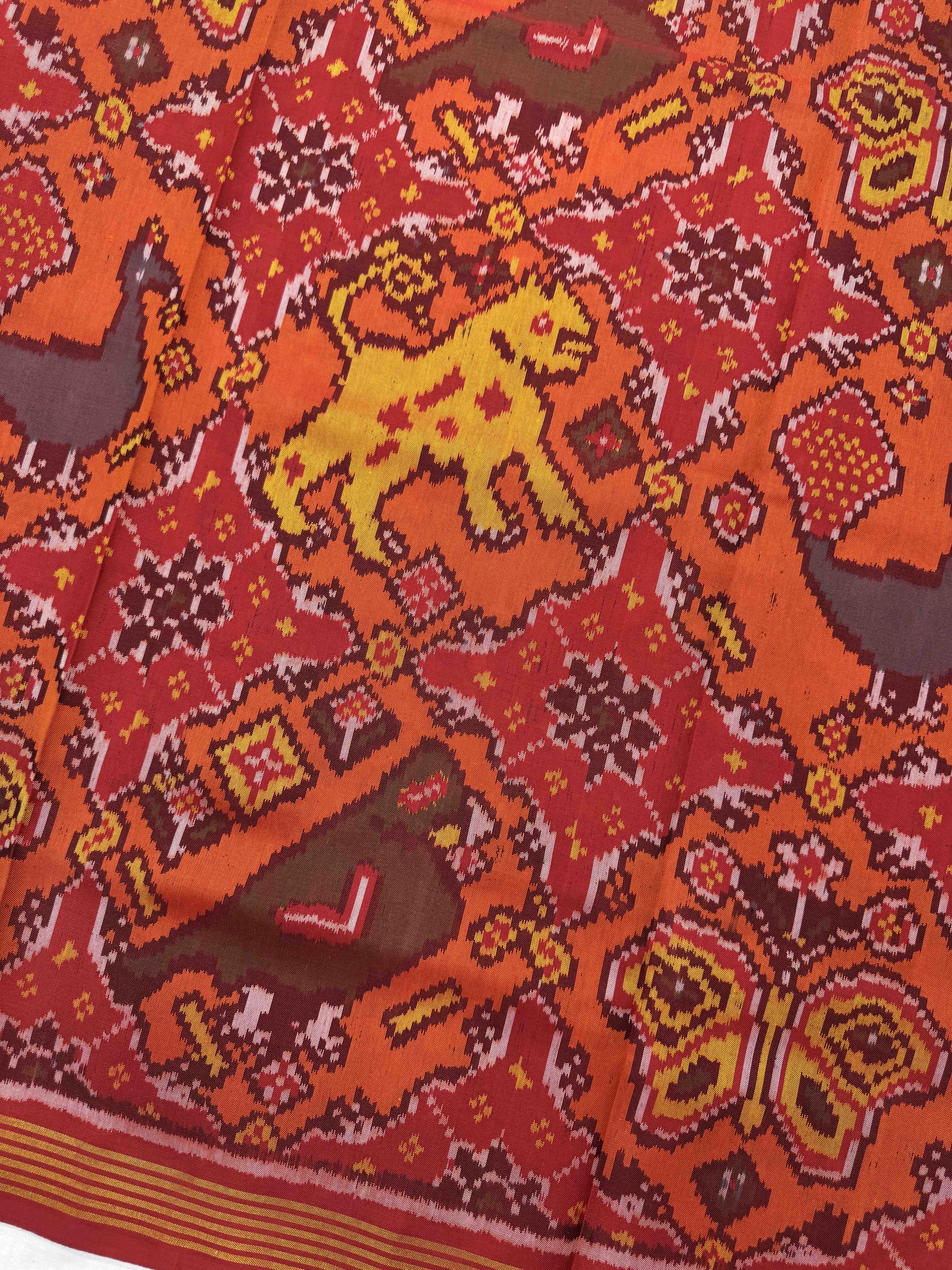 Red & Orange Narikunj Chhabdi Single Ikat Patan Patola Saree