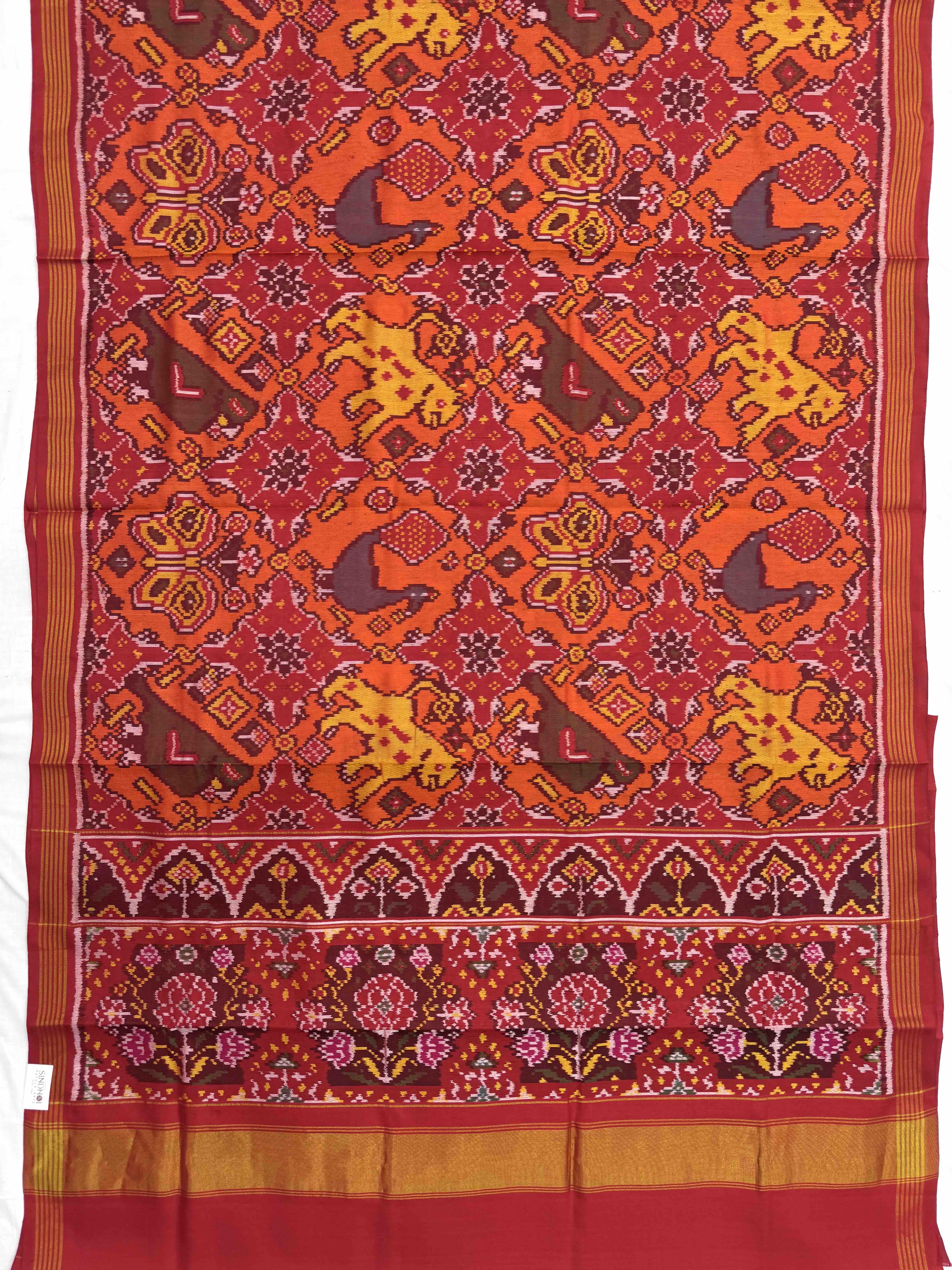 Red & Orange Narikunj Chhabdi Single Ikat Patan Patola Saree