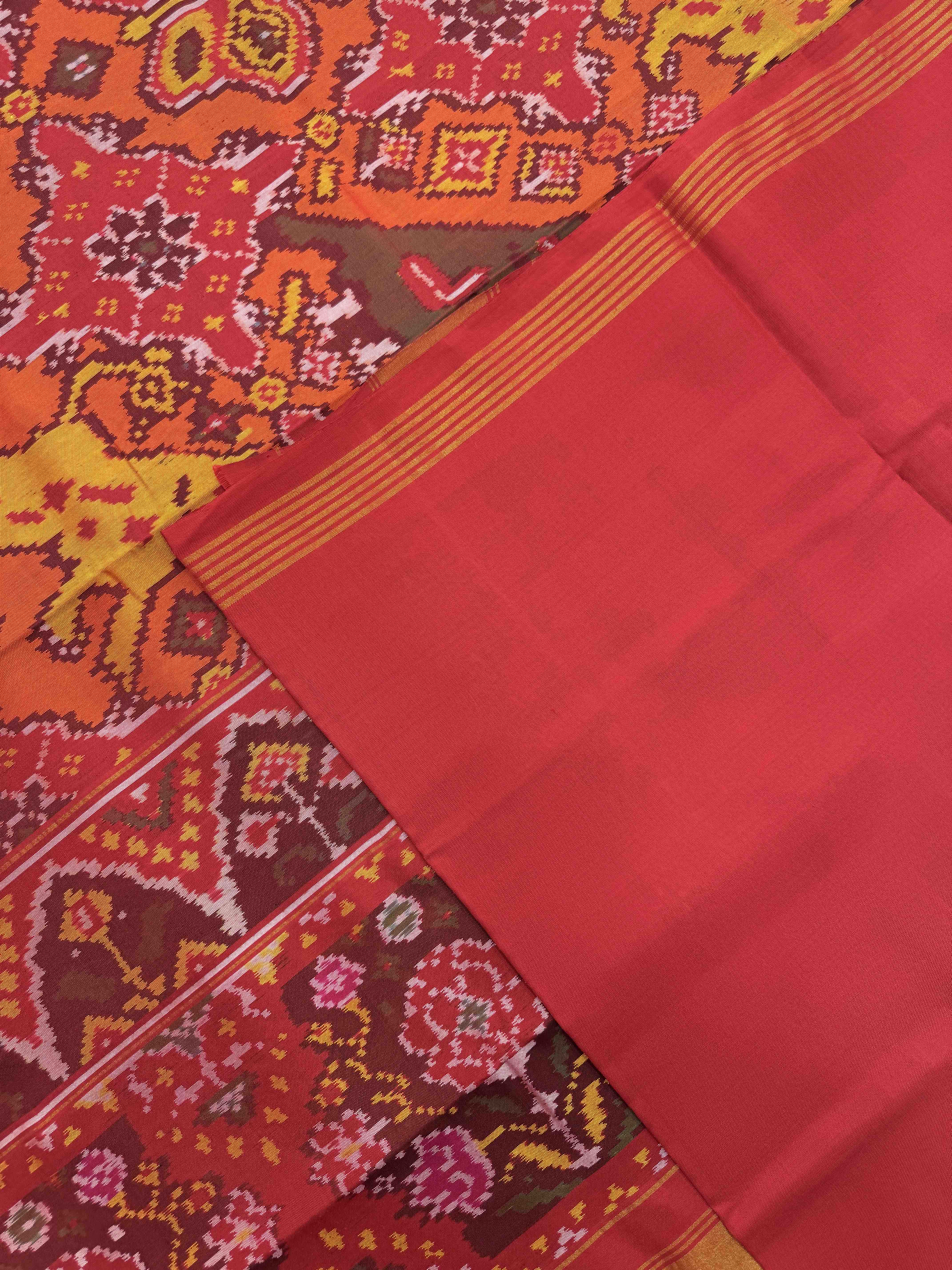 Red & Orange Narikunj Chhabdi Single Ikat Patan Patola Saree