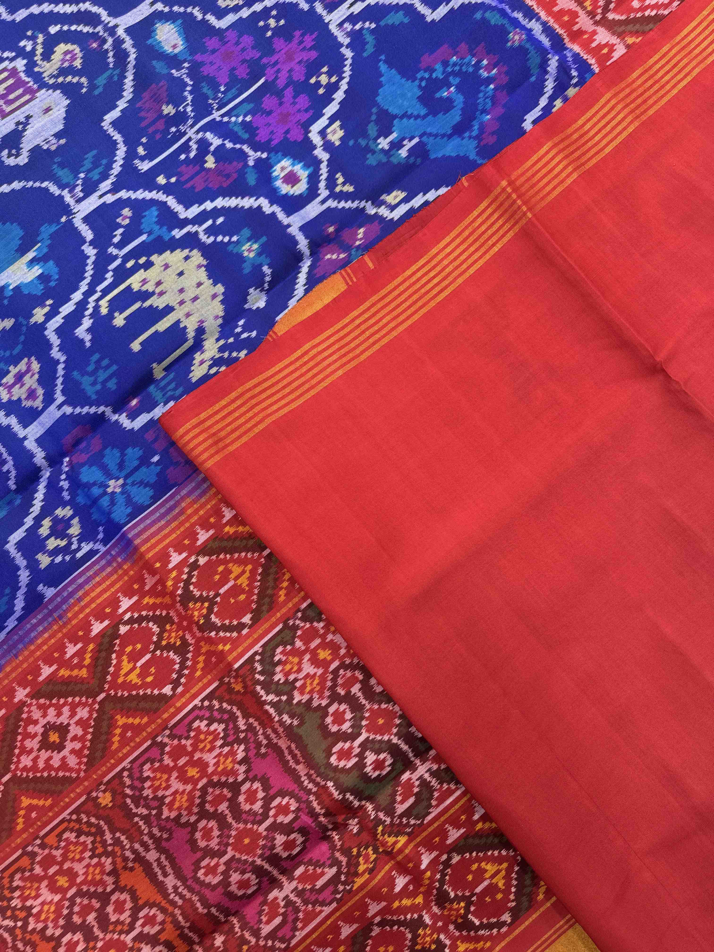 Red & Blue Nariunj Fancy Single Ikat Patan Patola Saree