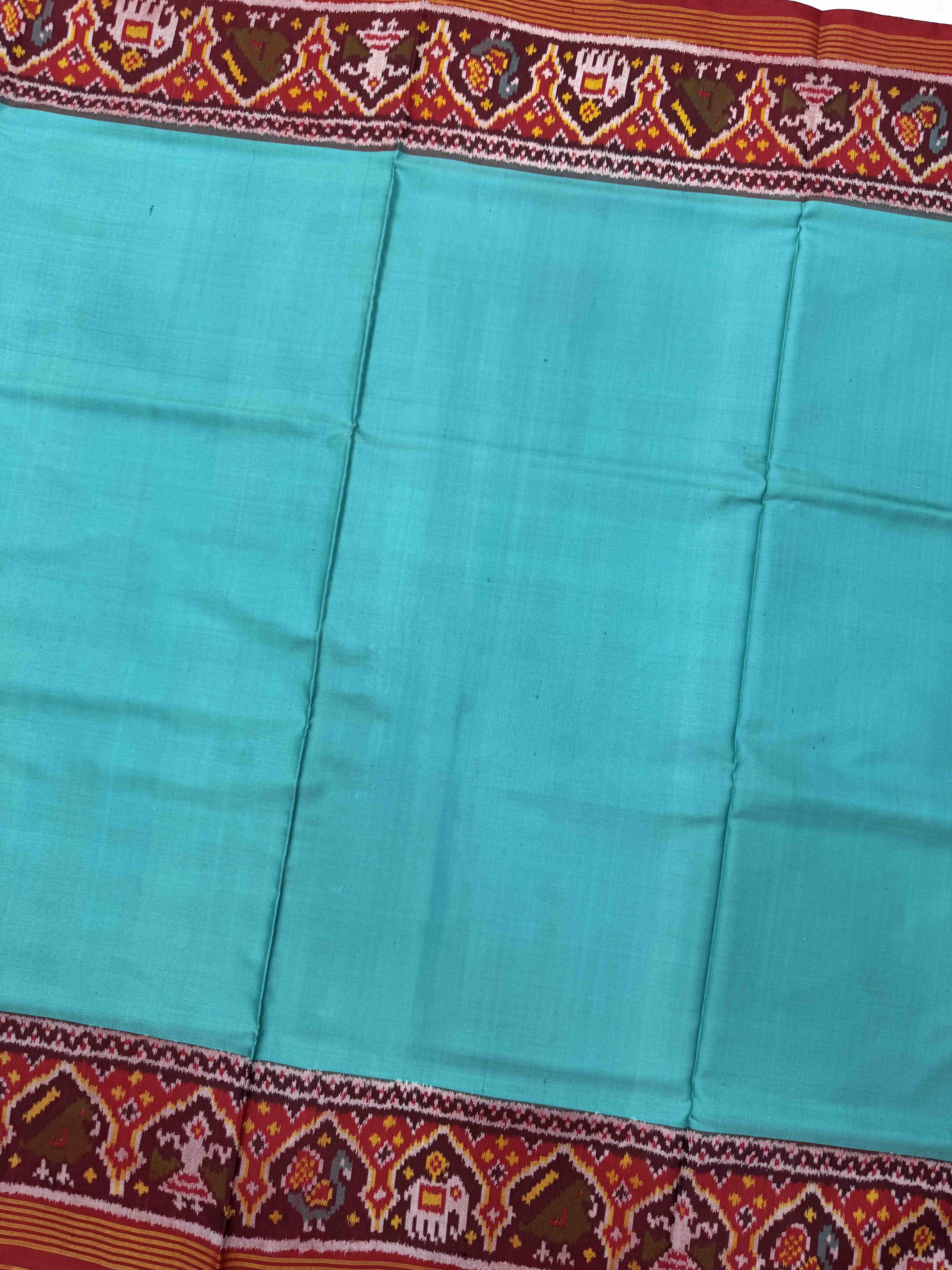Red & Light Blue Plain Single Ikat Patan Patola Saree