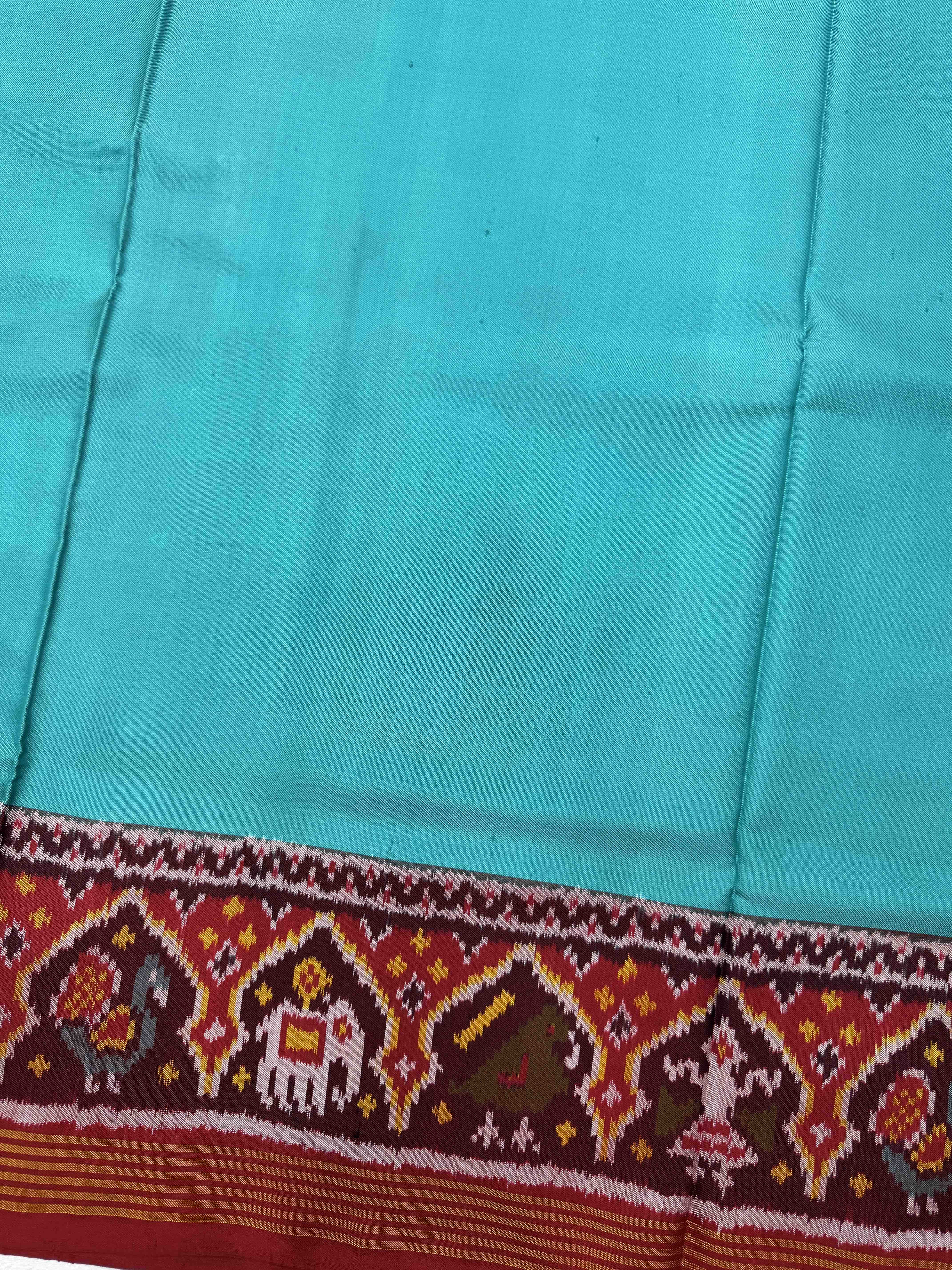 Red & Light Blue Plain Single Ikat Patan Patola Saree