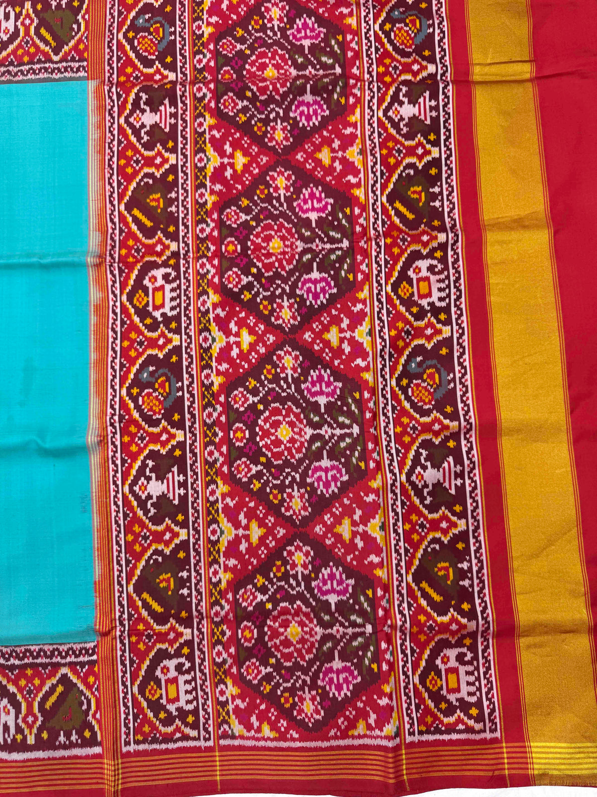 Red & Light Blue Plain Single Ikat Patan Patola Saree