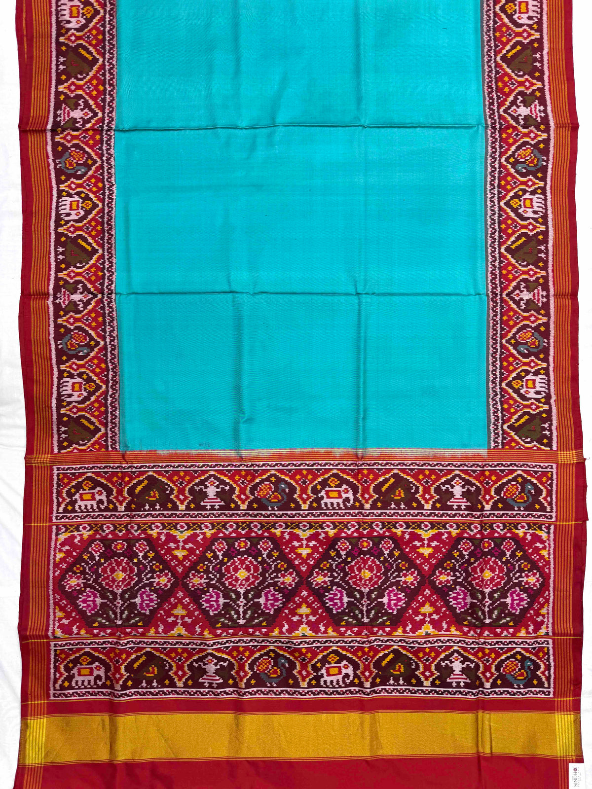 Red & Light Blue Plain Single Ikat Patan Patola Saree