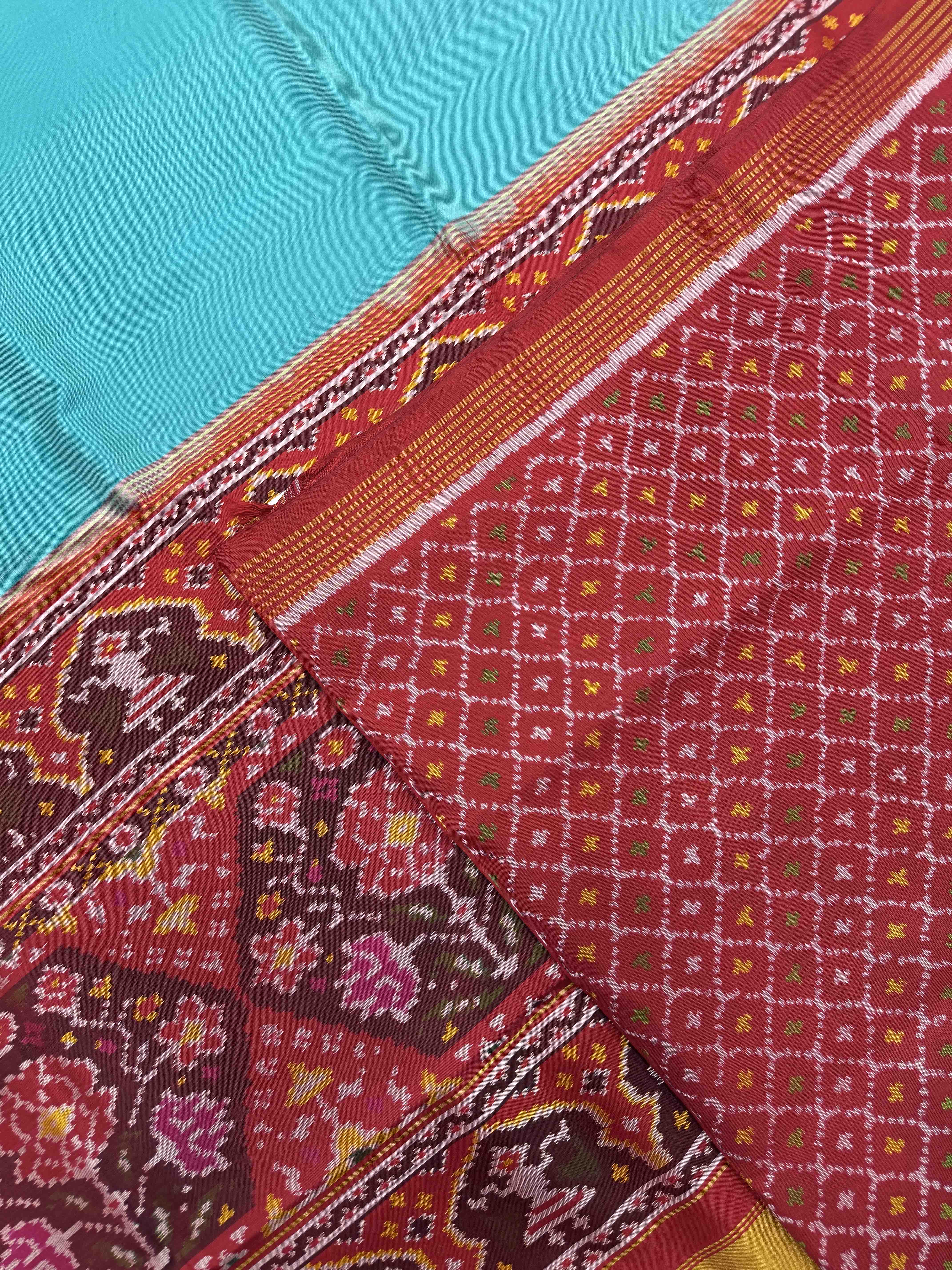 Red & Light Blue Plain Single Ikat Patan Patola Saree