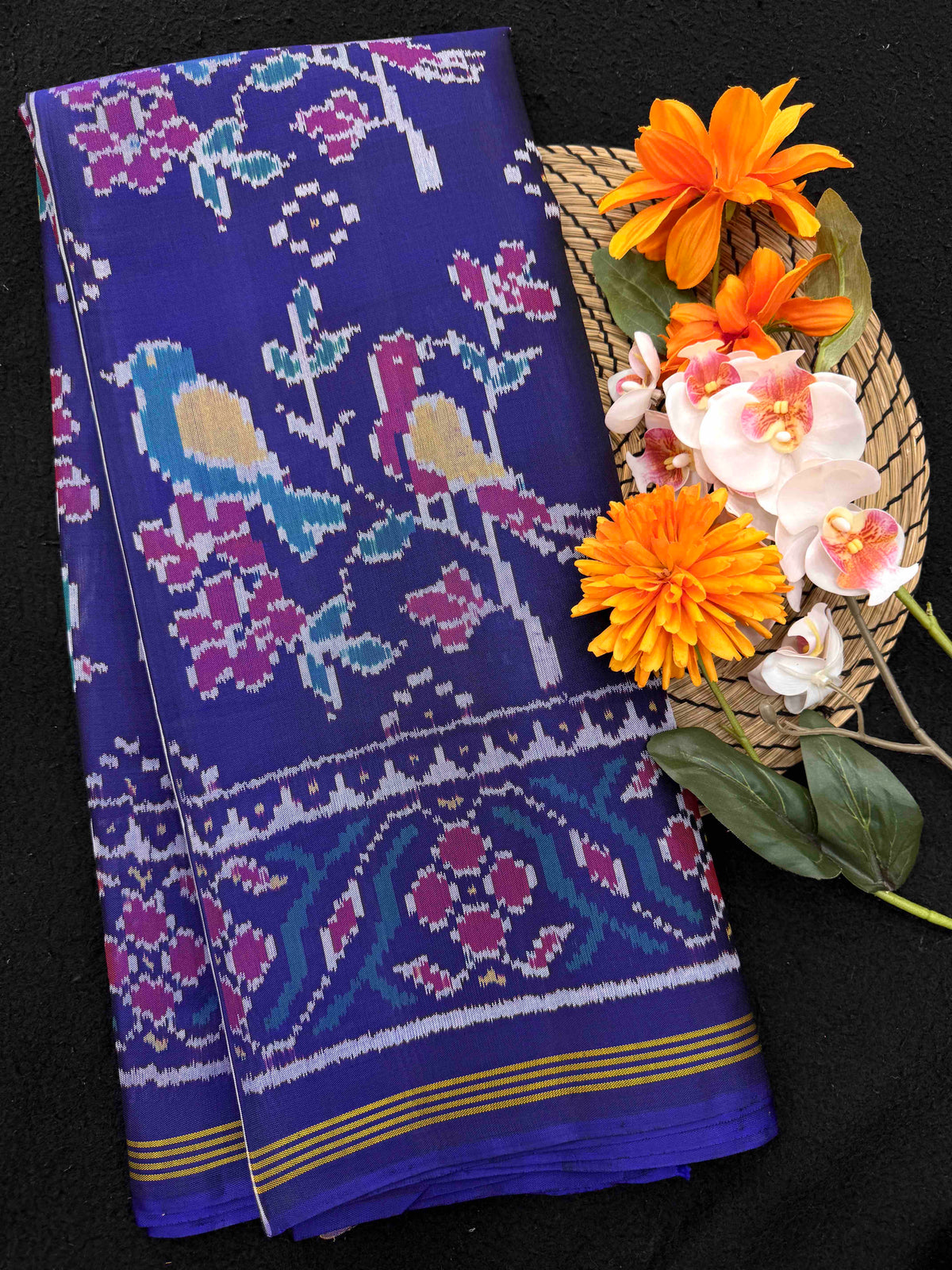 Blue Flower Bird Fancy Single Ikat Patan Patola Saree