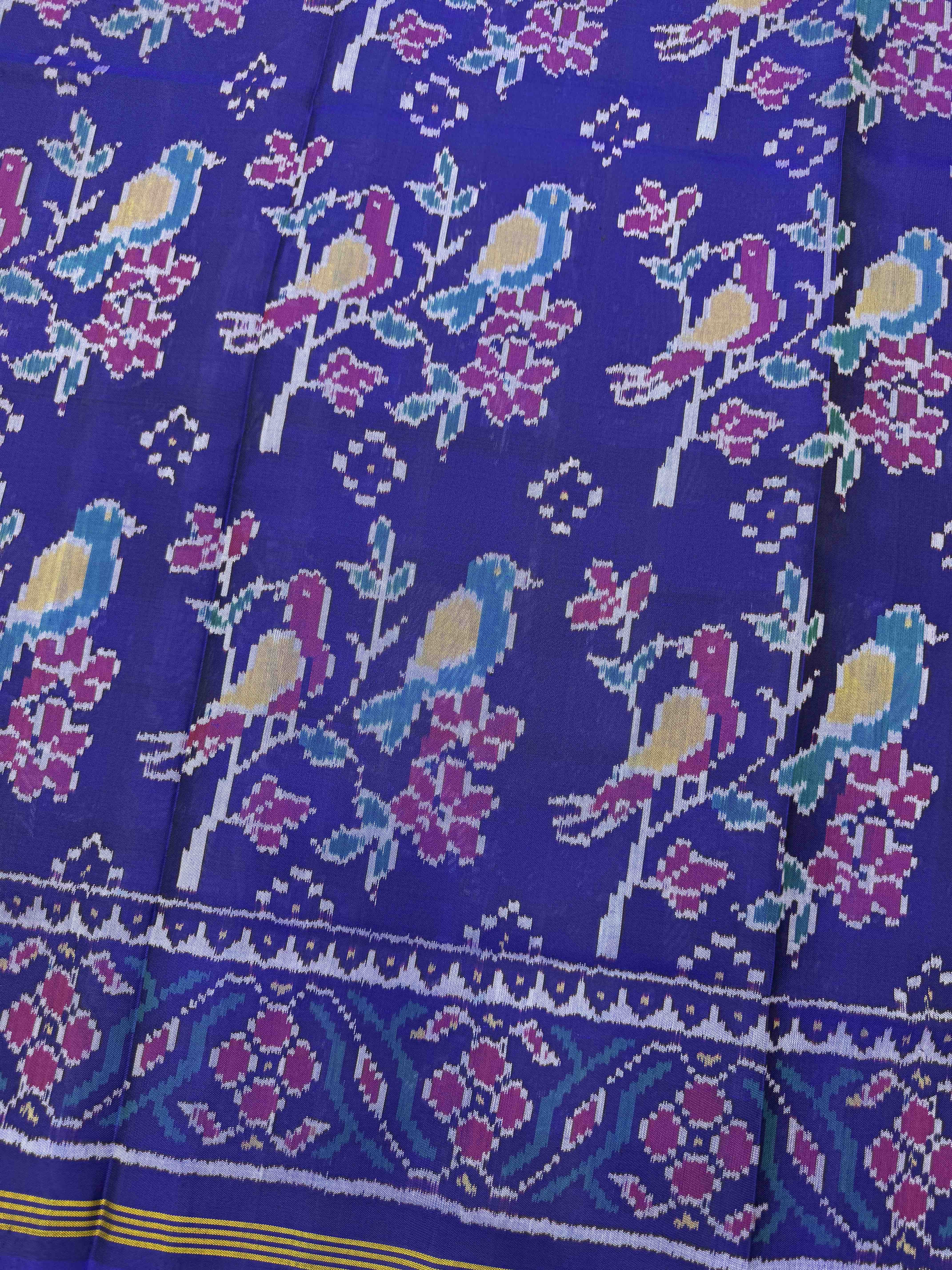 Blue Flower Bird Fancy Single Ikat Patan Patola Saree