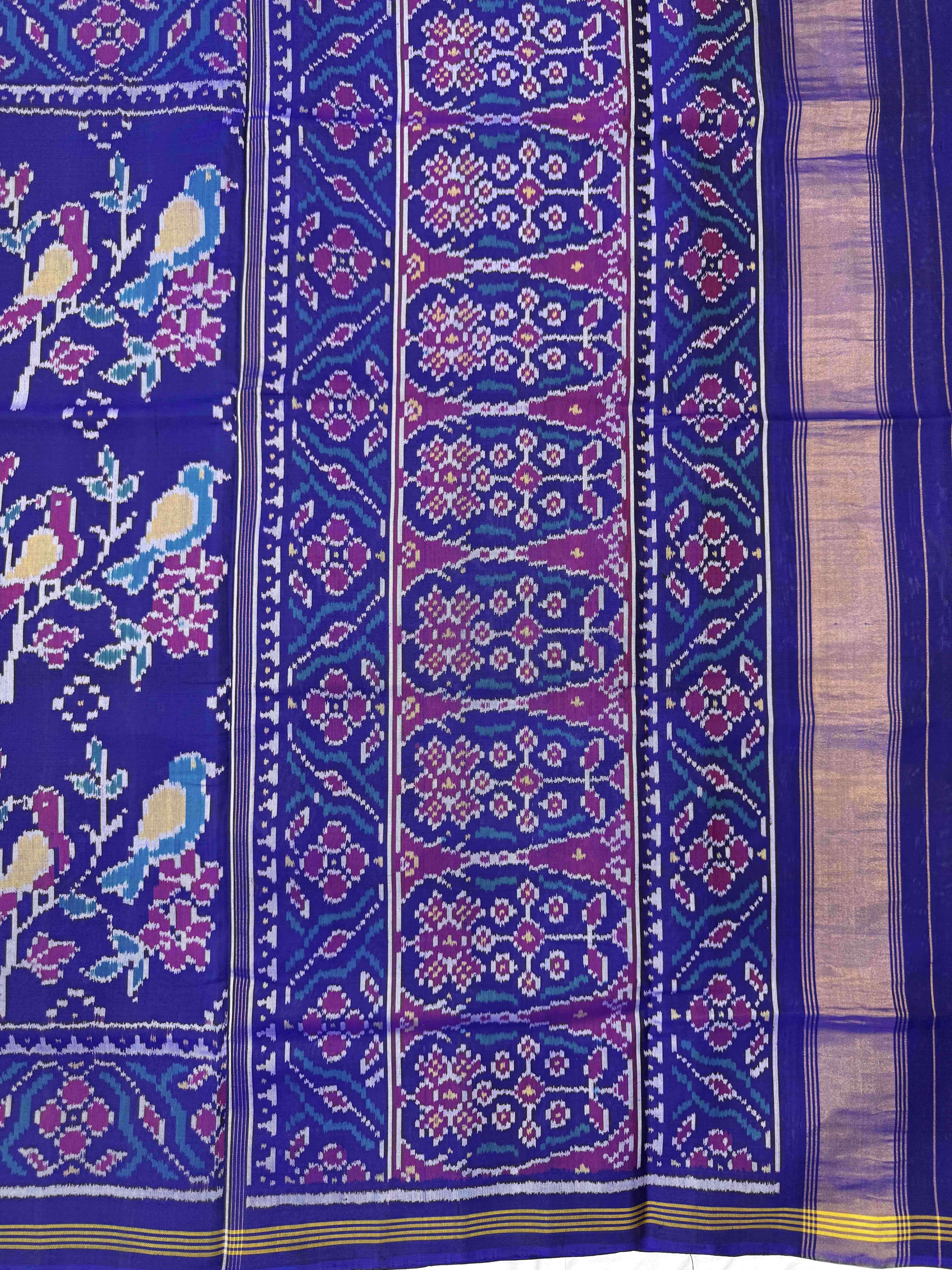 Blue Flower Bird Fancy Single Ikat Patan Patola Saree
