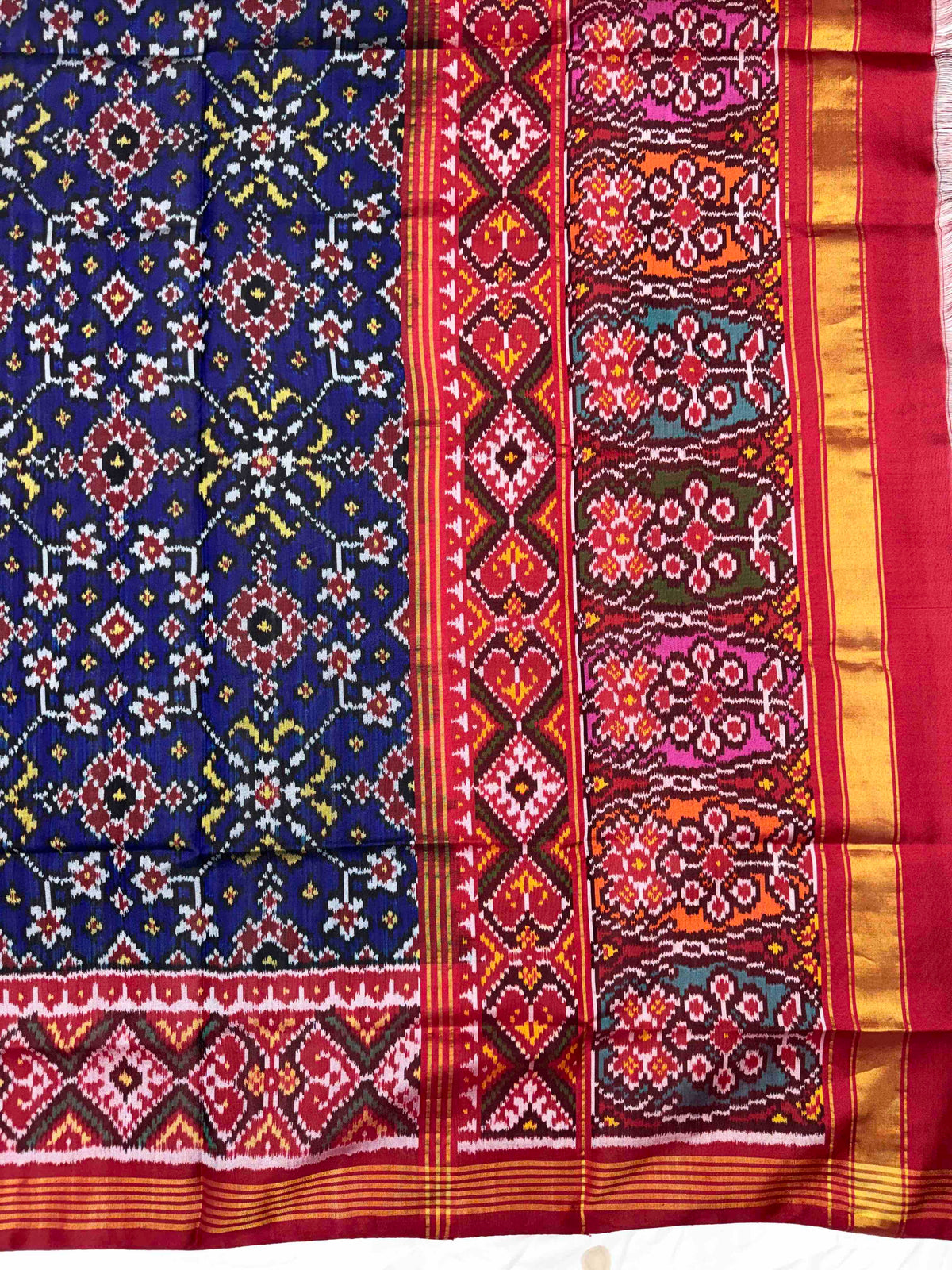 Red & Blue Navratan with Multicolor Pallu Semi Double Ikat Patola Dupatta