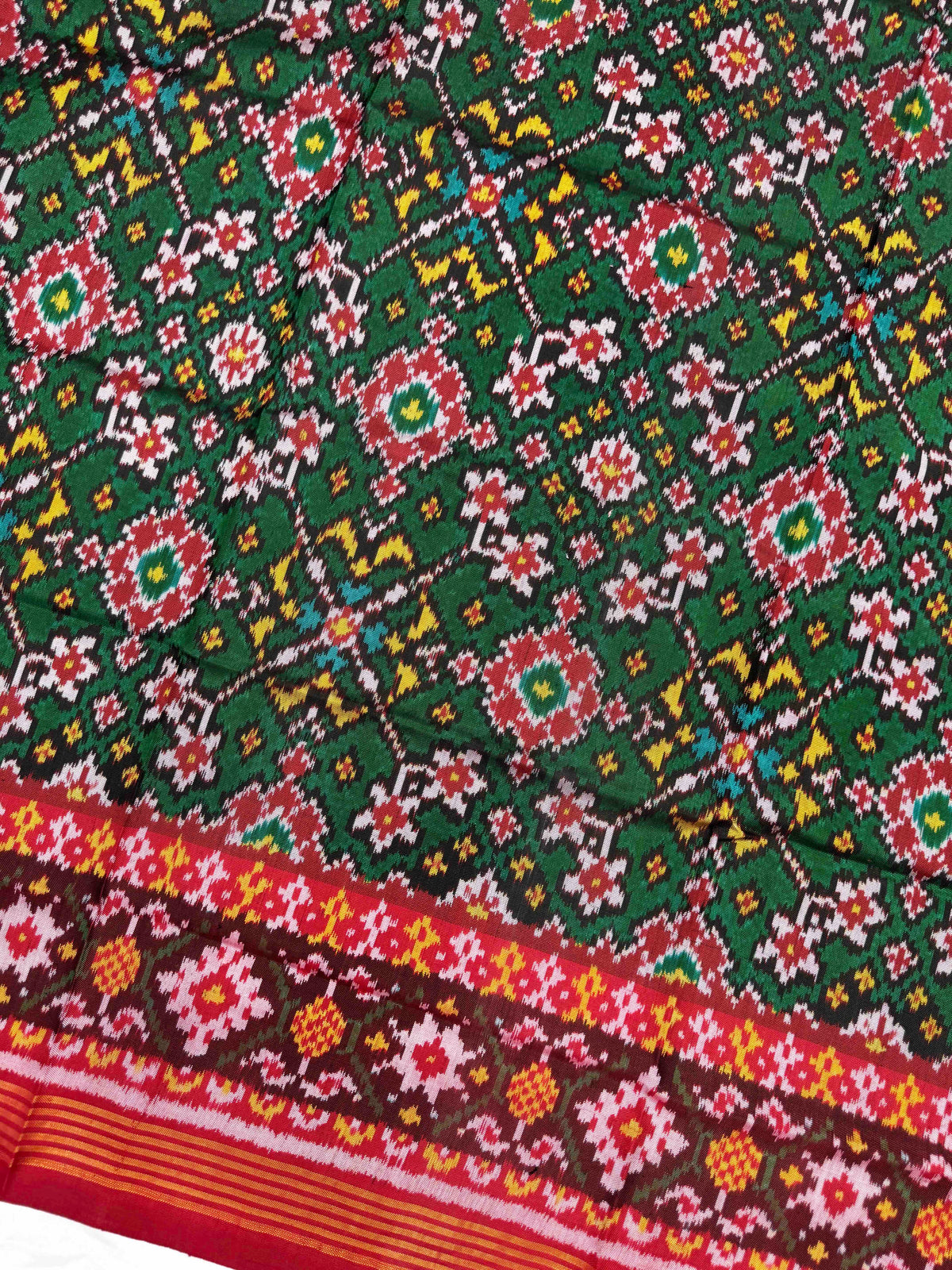 Red & Green Navratan Semi Double Ikat Patola Dupatta