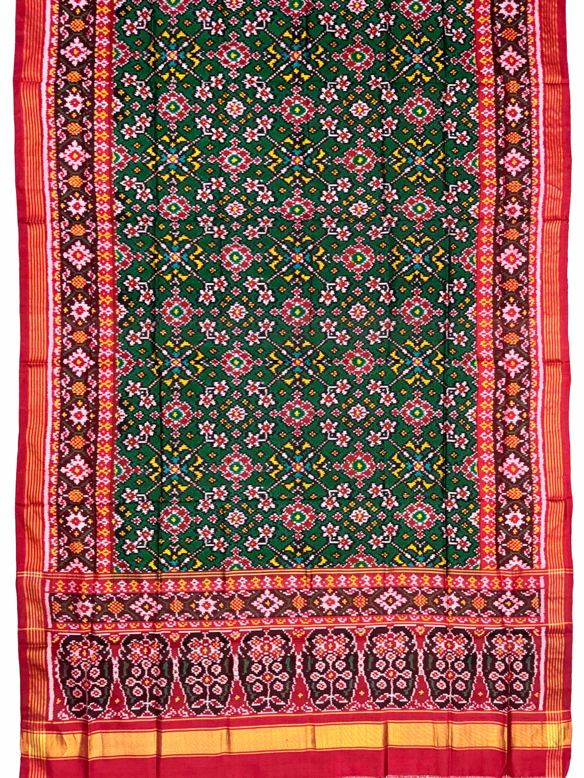 Red & Green Navratan Semi Double Ikat Patola Dupatta