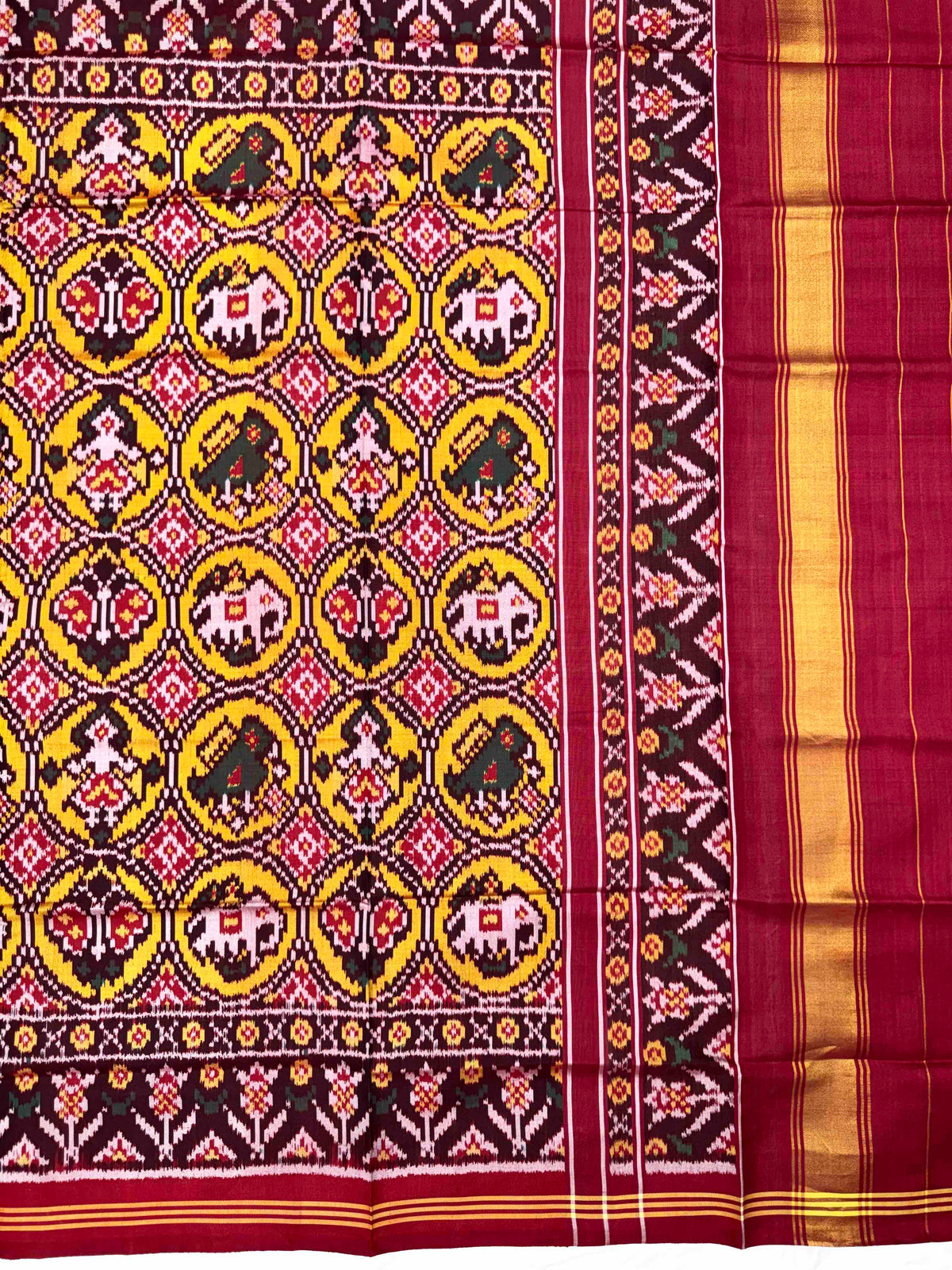 Maroon & Yellow Circle Narikunj Semi Double Ikat Patola Dupatta