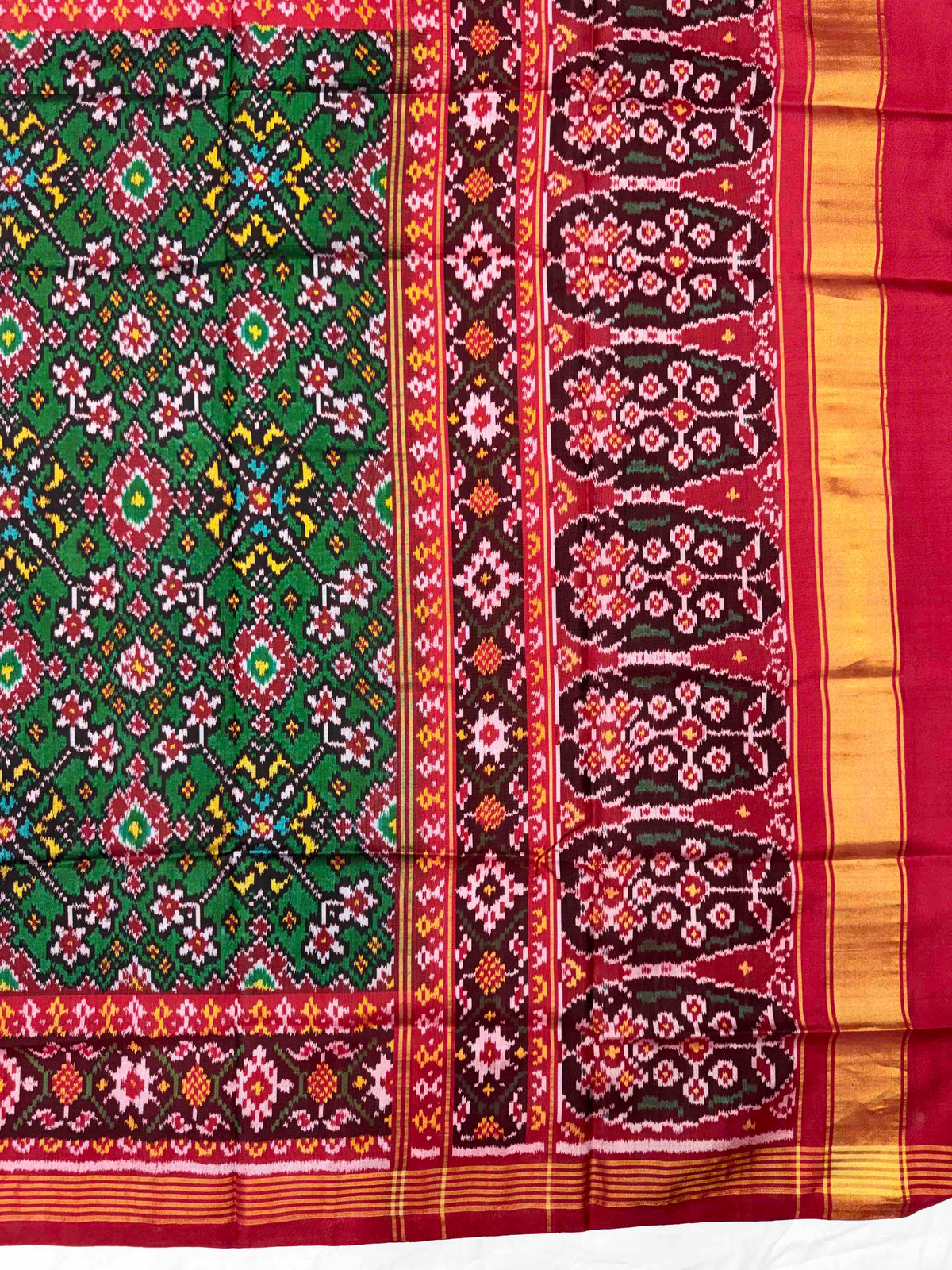 Red & Green Navratan Semi Double Ikat Patola Dupatta