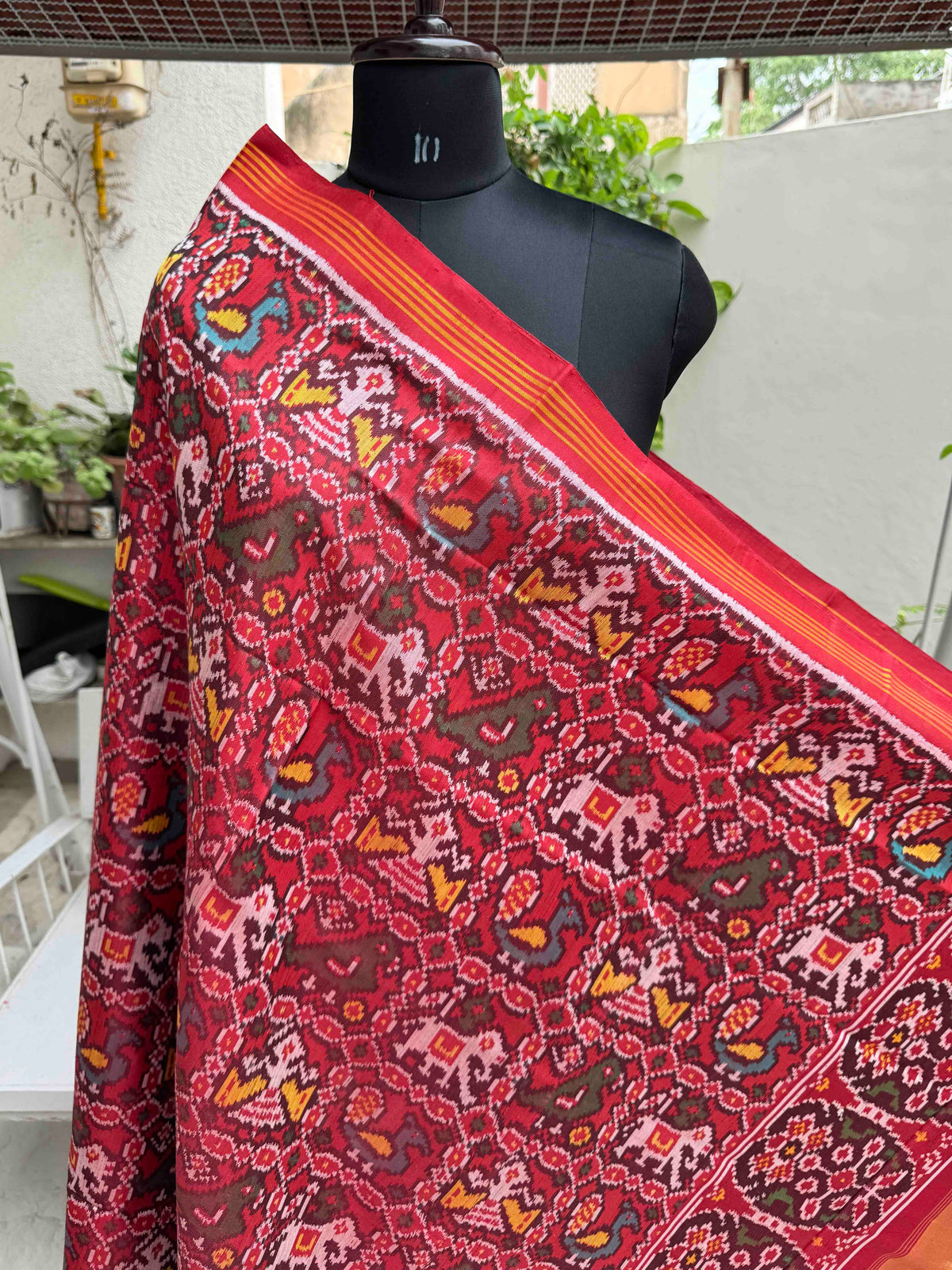 Red Small Narikunj Semi Double Ikat Patola Dupatta