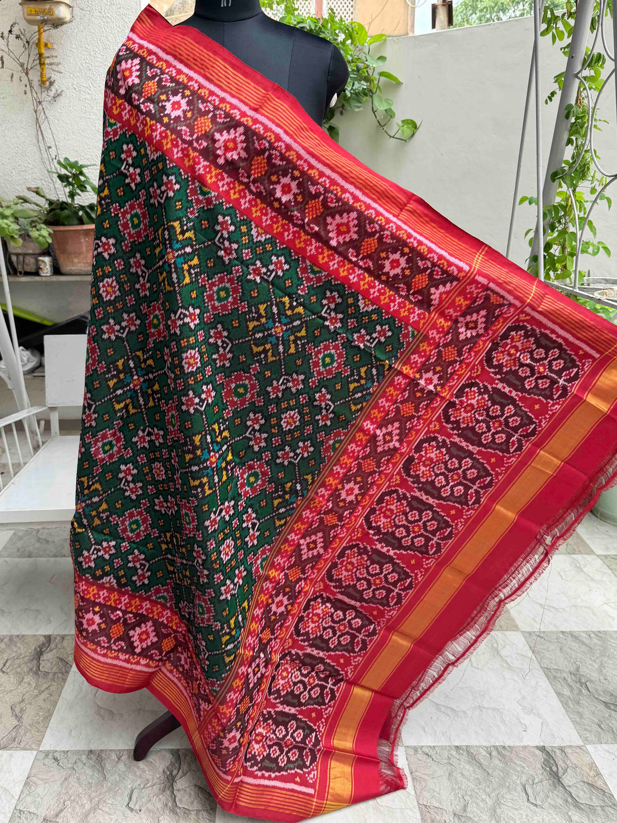 Red & Green Navratan Semi Double Ikat Patola Dupatta