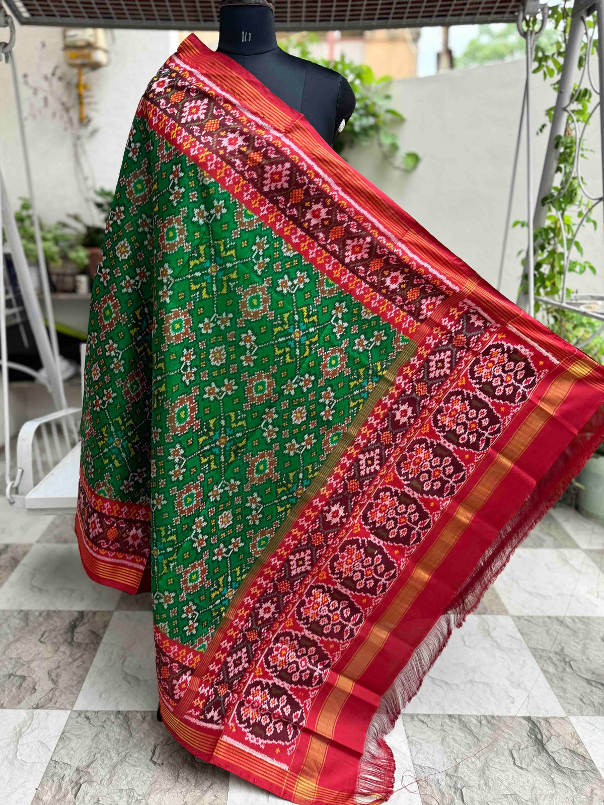 Red & Parrot Green Navratan Semi Double Ikat Patola Dupatta