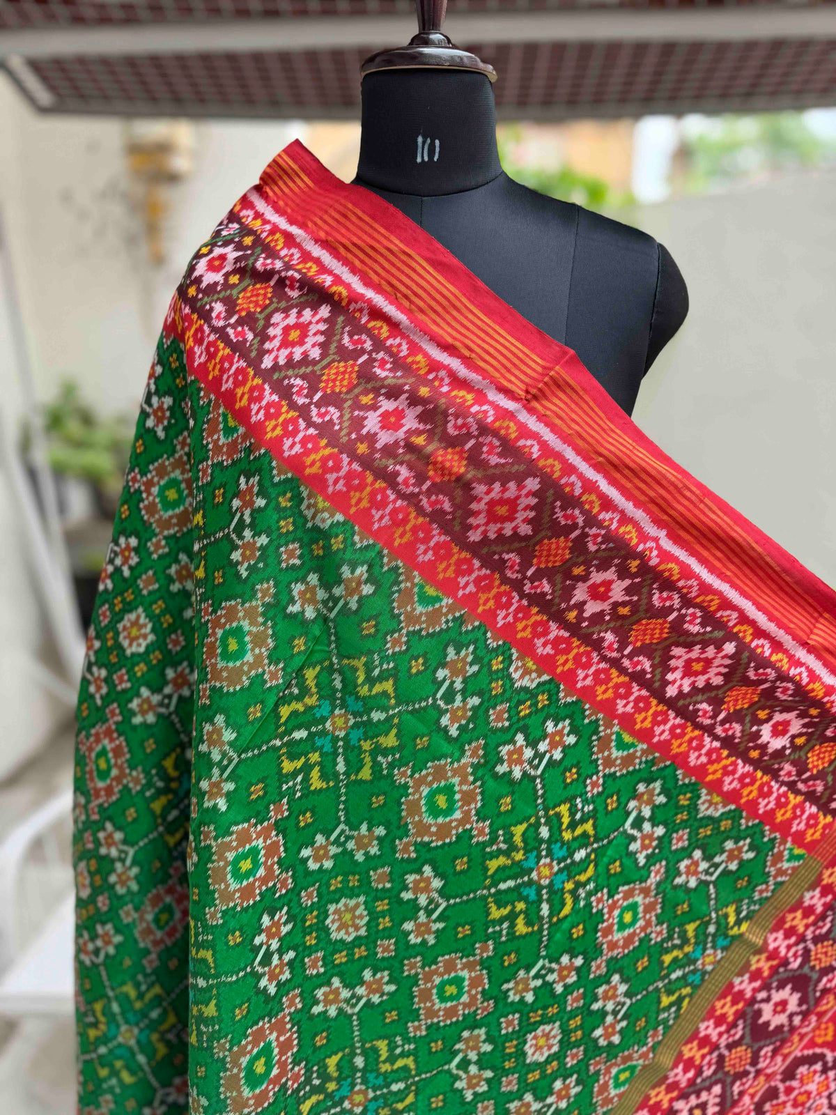 Red & Parrot Green Navratan Semi Double Ikat Patola Dupatta