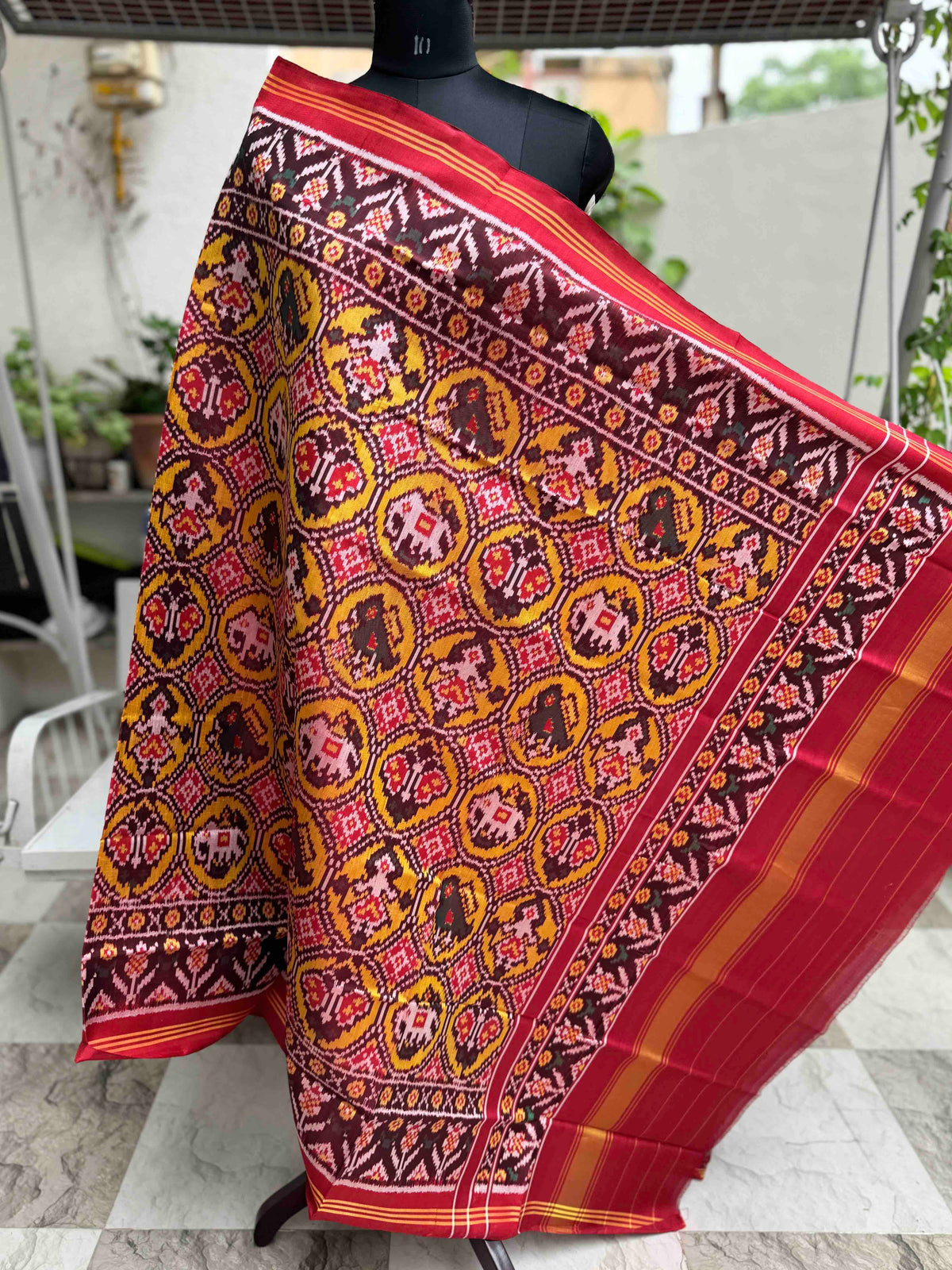 Maroon & Yellow Circle Narikunj Semi Double Ikat Patola Dupatta