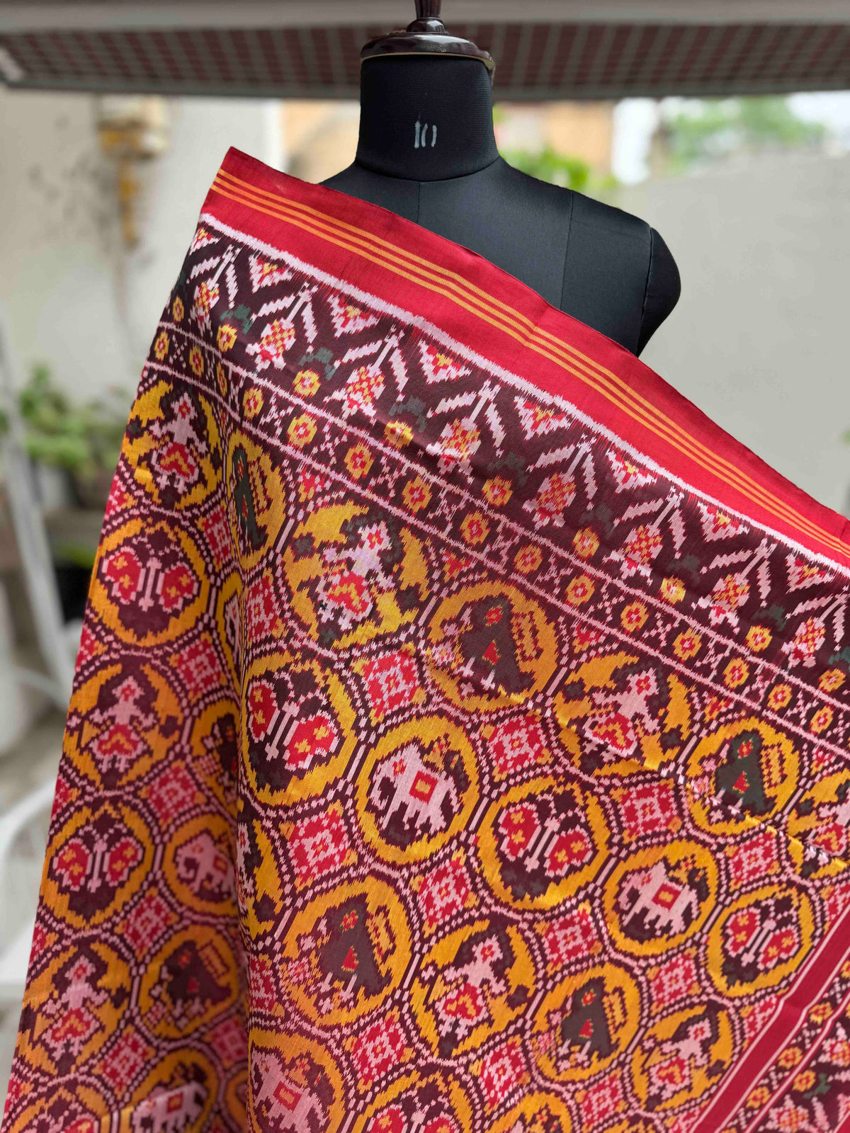 Maroon & Yellow Circle Narikunj Semi Double Ikat Patola Dupatta