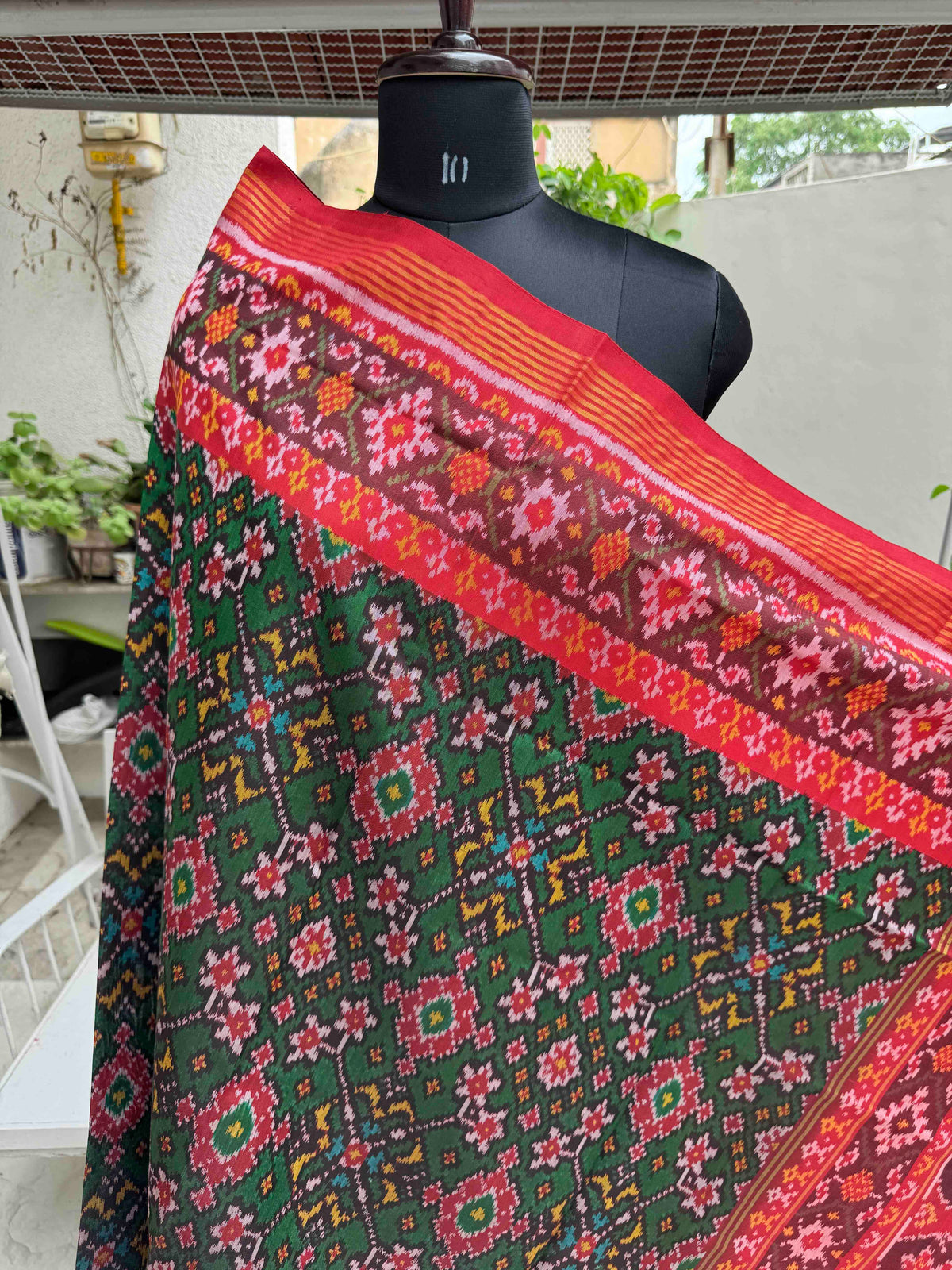 Red & Green Navratan Semi Double Ikat Patola Dupatta