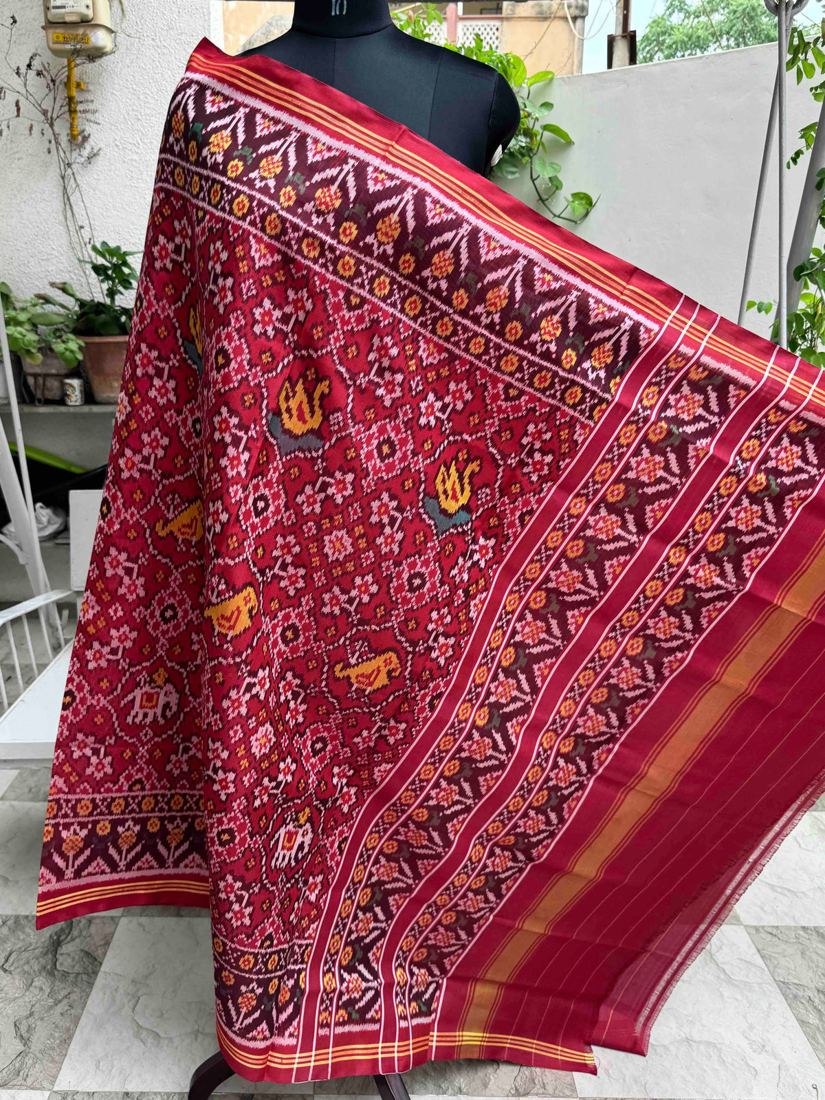 Maroon Narikunj Navratan Semi Double Ikat Patola Dupatta
