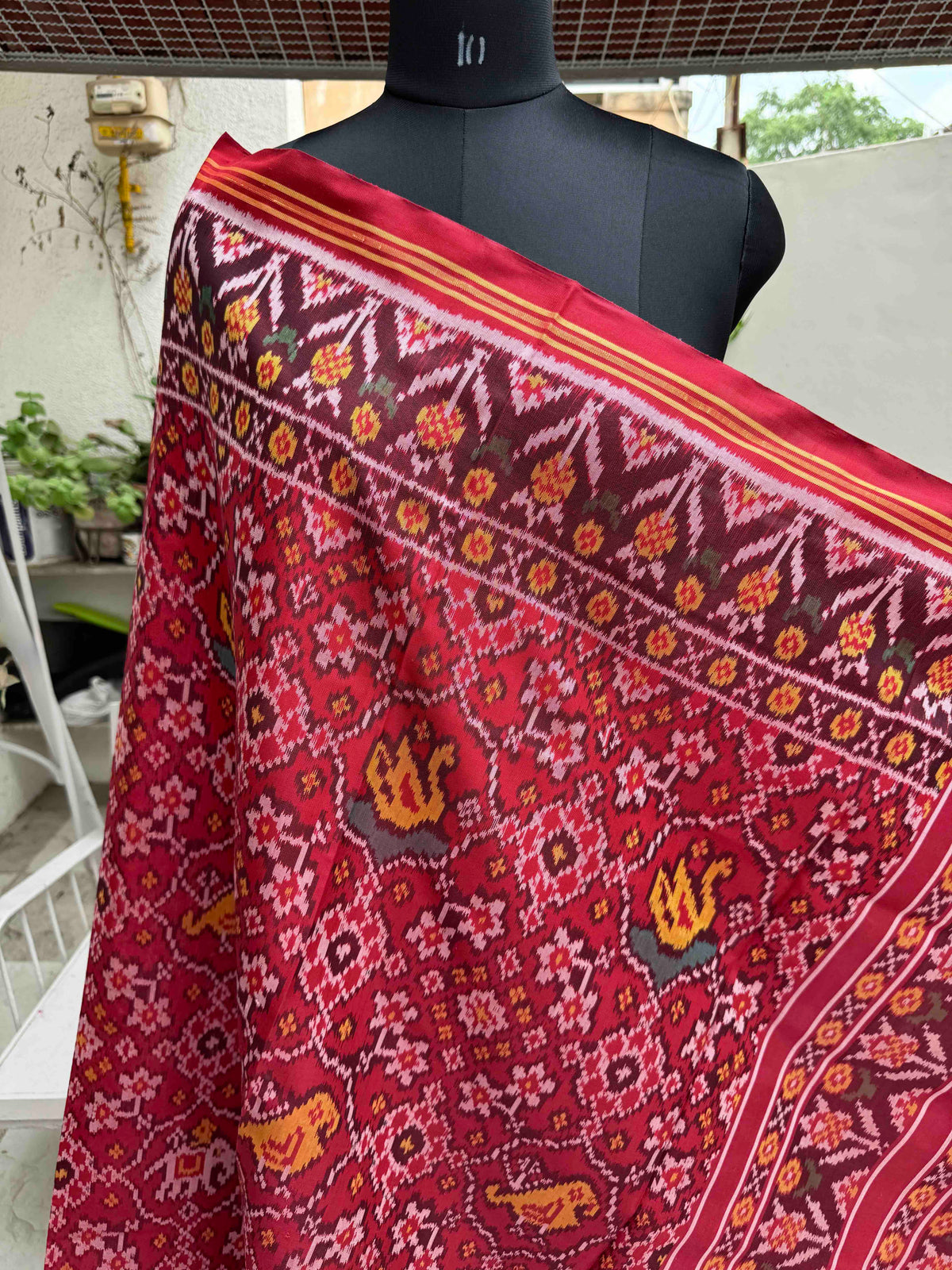 Maroon Narikunj Navratan Semi Double Ikat Patola Dupatta