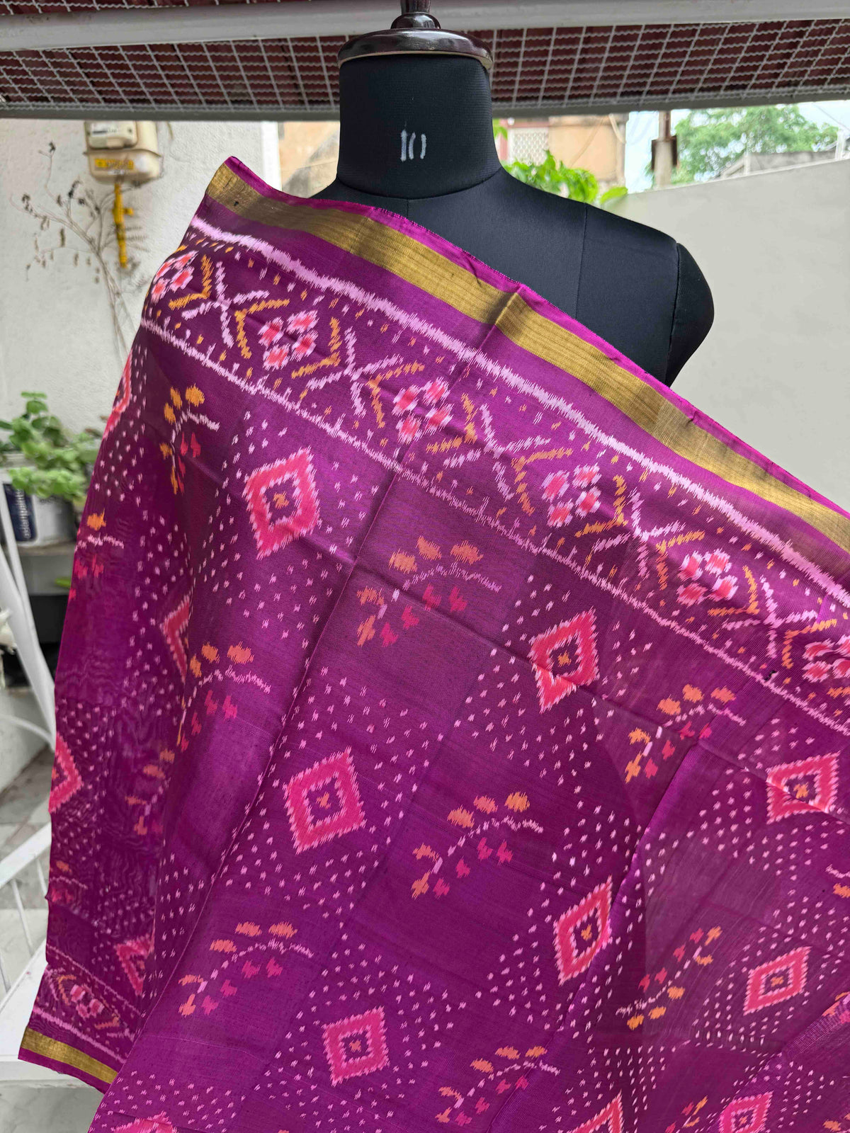 Purple Fancy Panchanda with Leaves Single Ikat Patola Dupatta