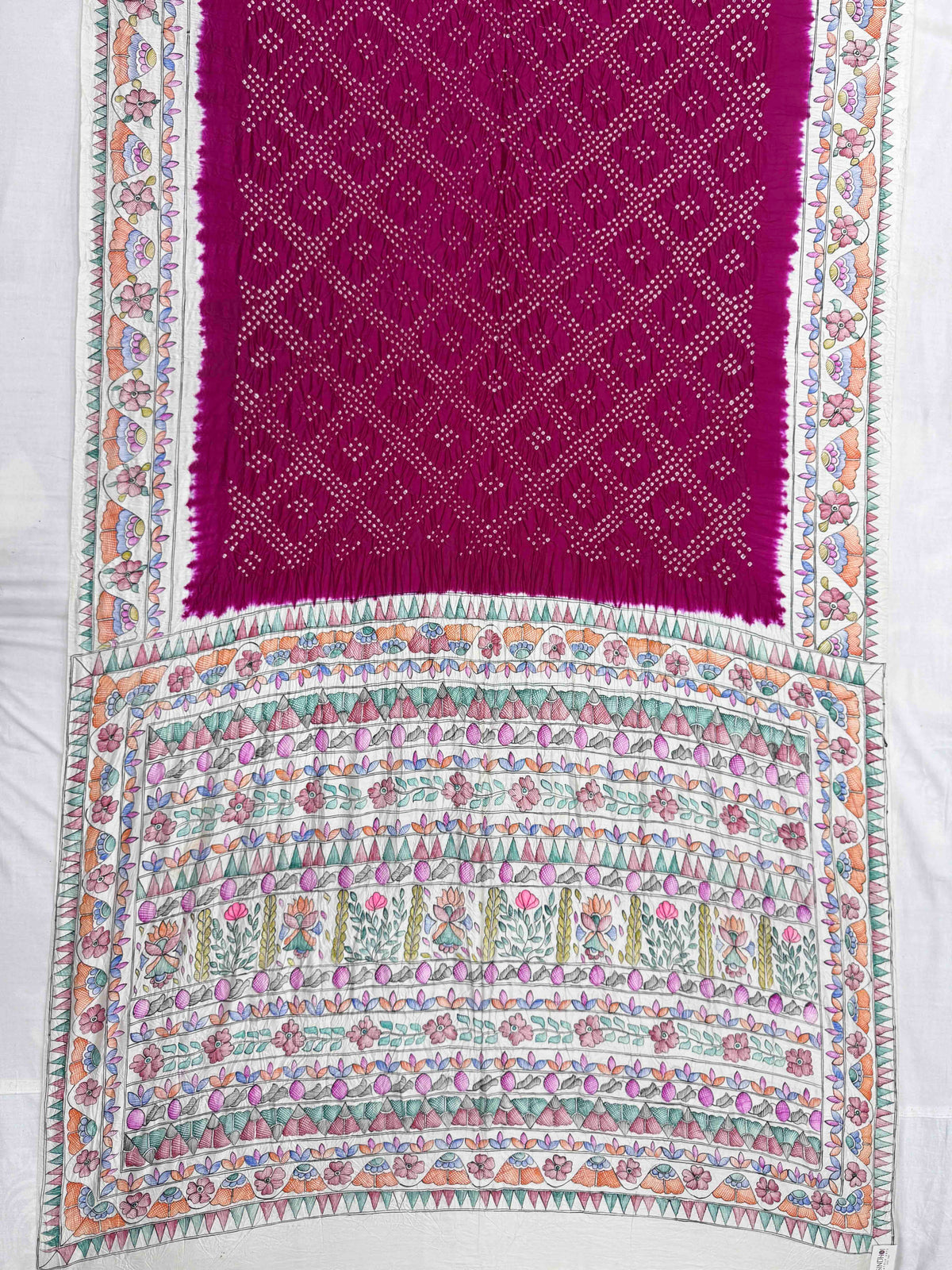 Off White & Dark Pink Madhubani Bandhani Saree