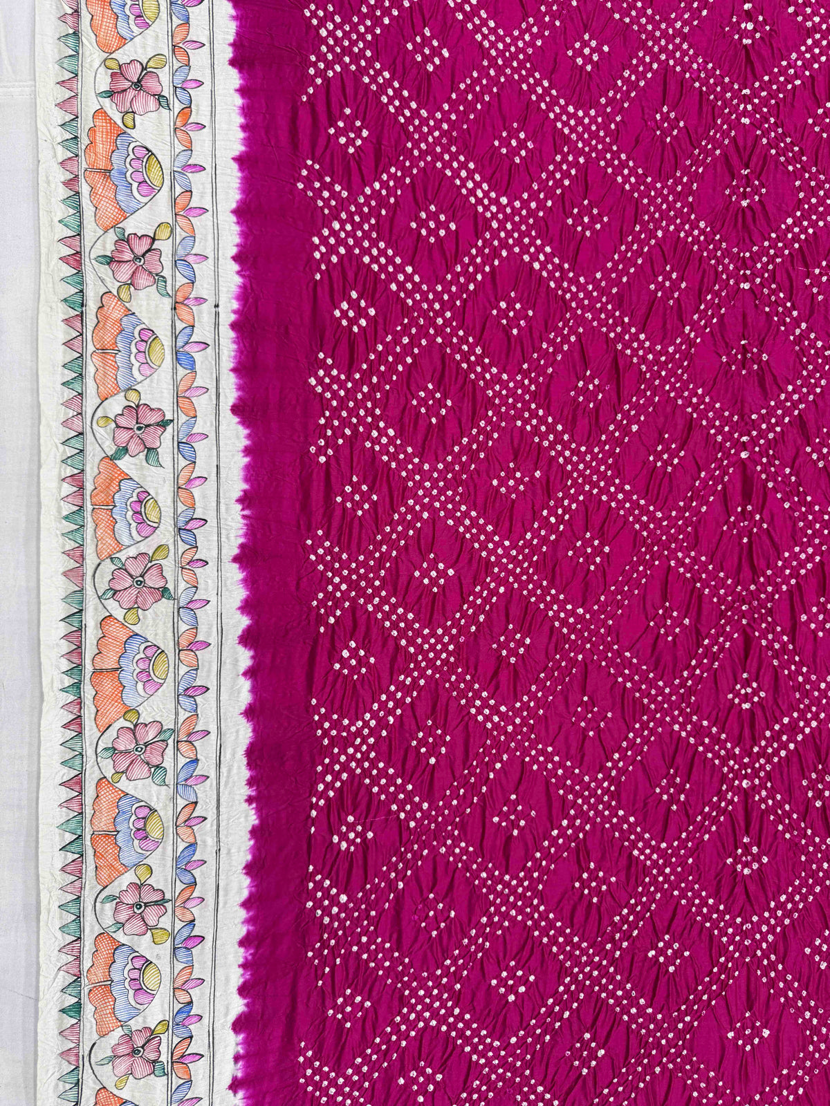 Off White & Dark Pink Madhubani Bandhani Saree