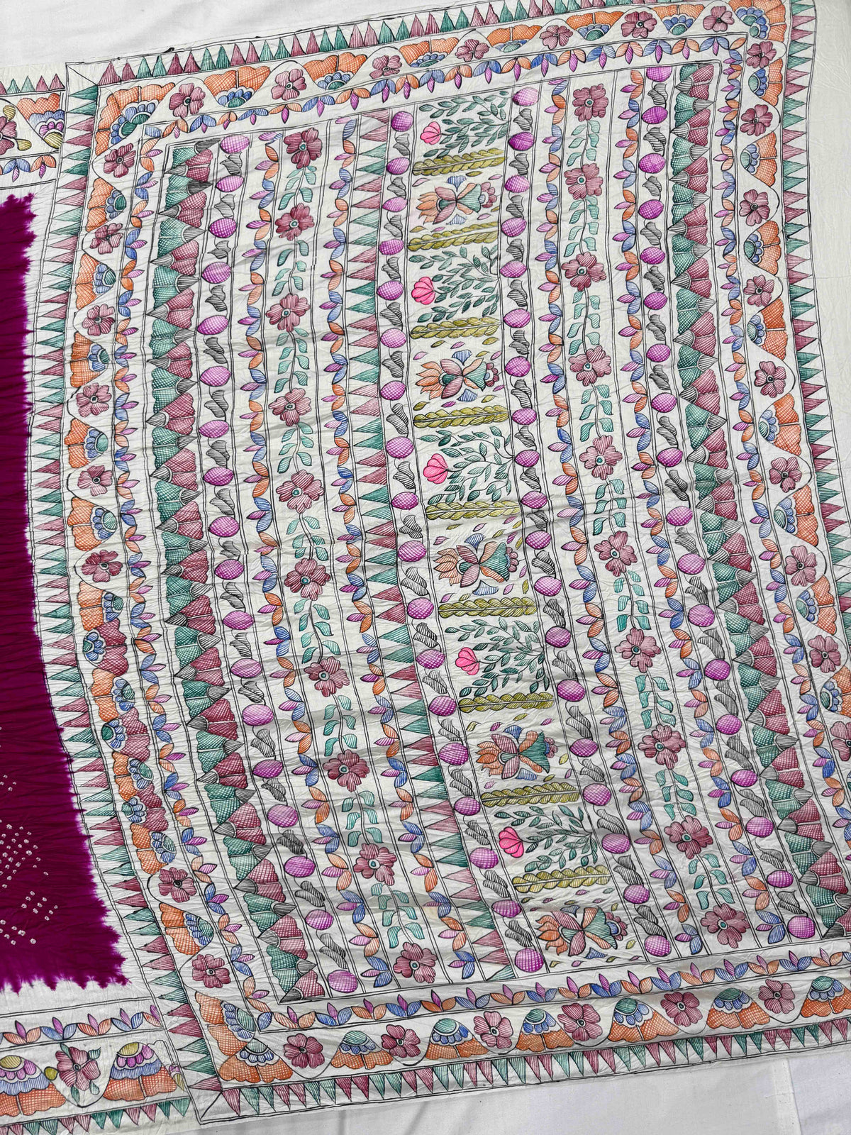 Off White & Dark Pink Madhubani Bandhani Saree